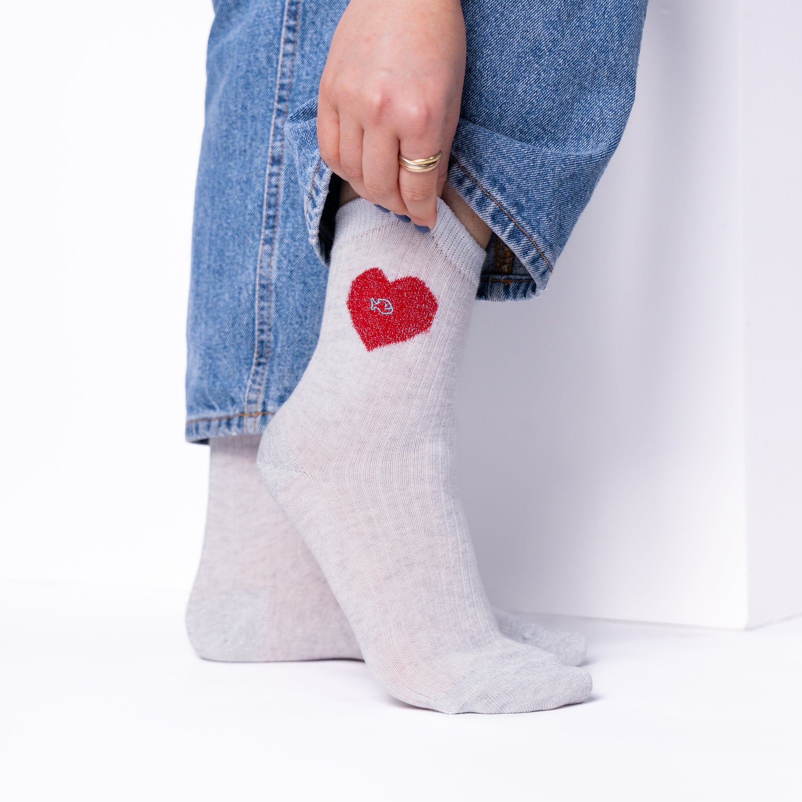 Chaussettes coeur en coton peigné - Blanc chiné