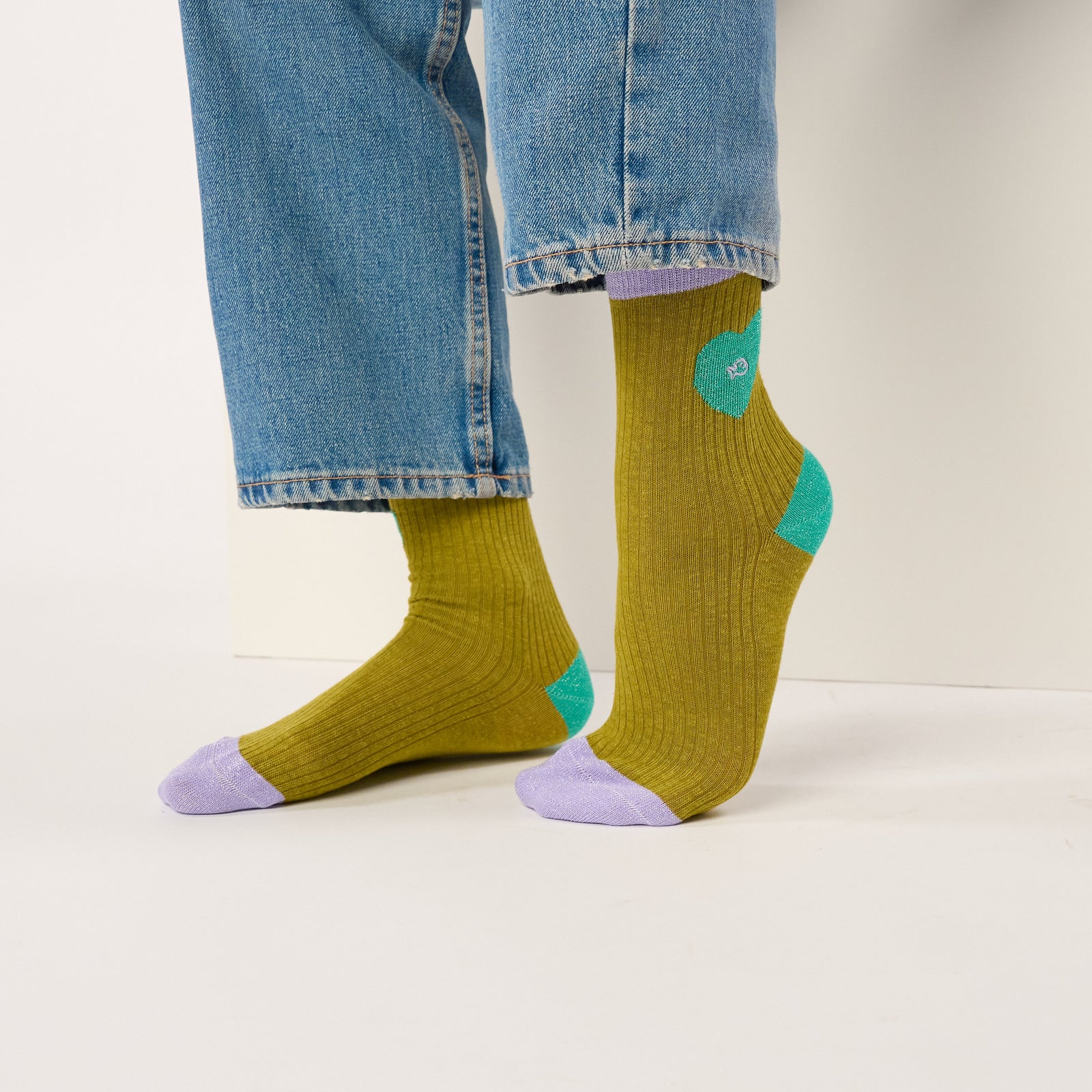 Chaussettes coeur en coton peigné - Vert olive