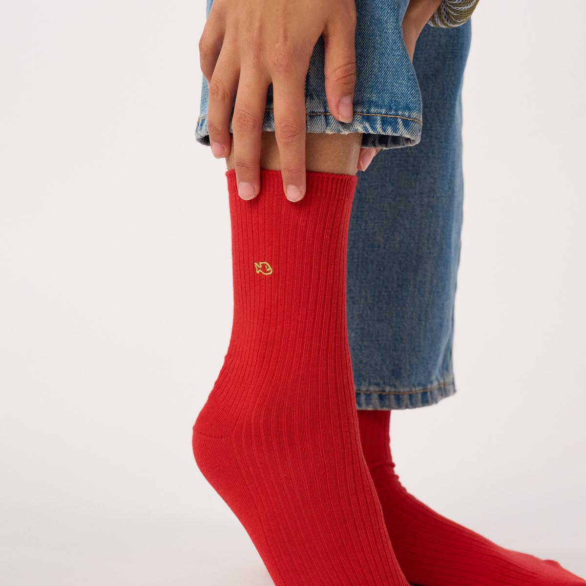 Chaussettes unies en coton peigné - Rouge