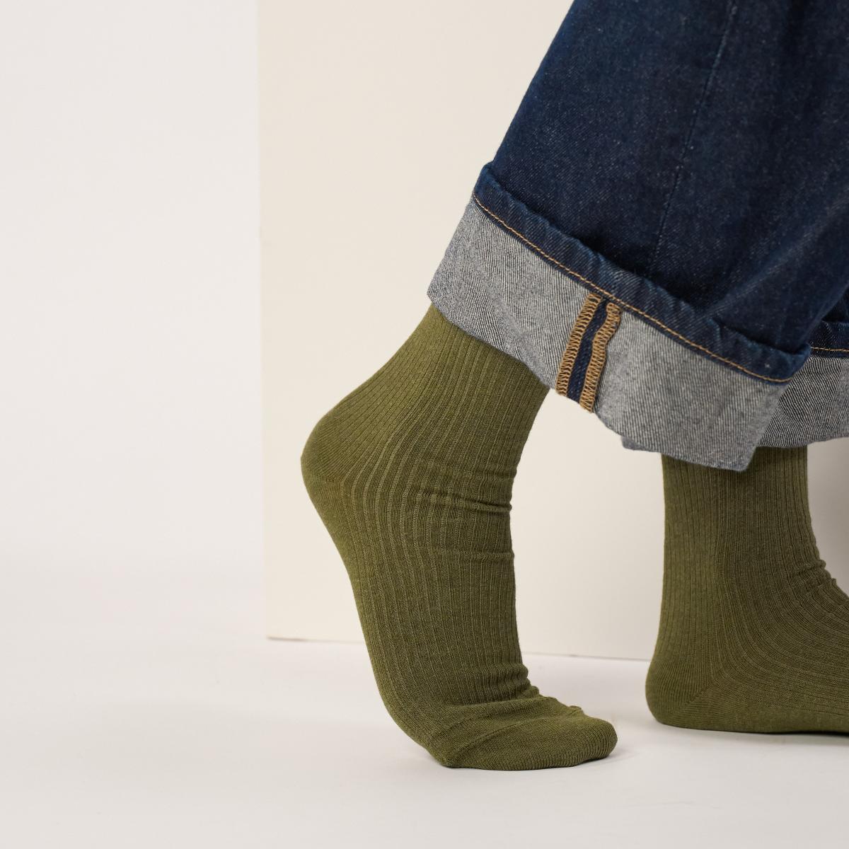 Chaussettes unies en coton peigné - Kaki - Vert