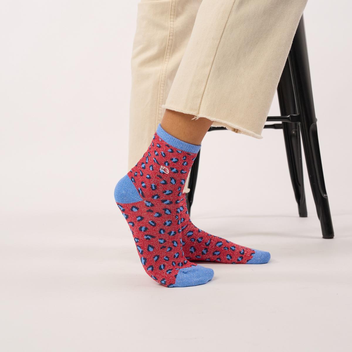 Chaussettes animaux en coton peigné - Léopard, rouge