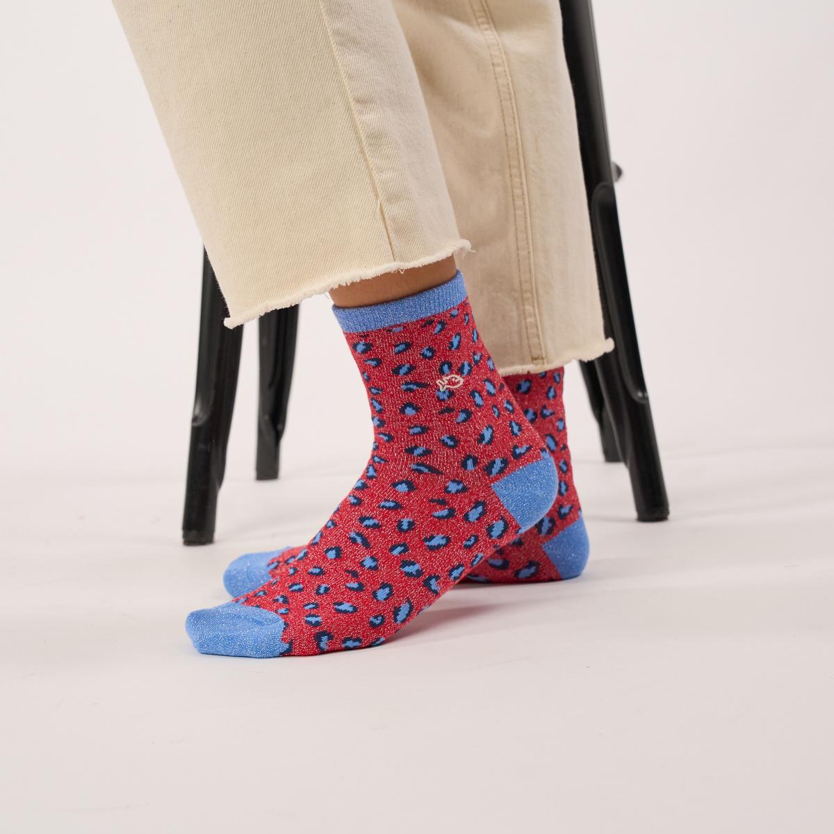 Chaussettes animaux en coton peigné - Léopard, rouge