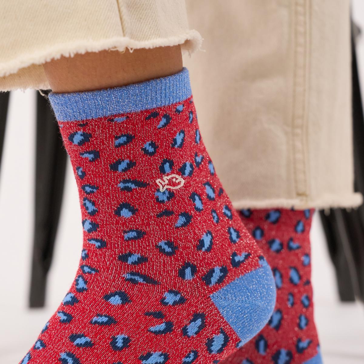 Chaussettes animaux en coton peigné - Léopard, rouge