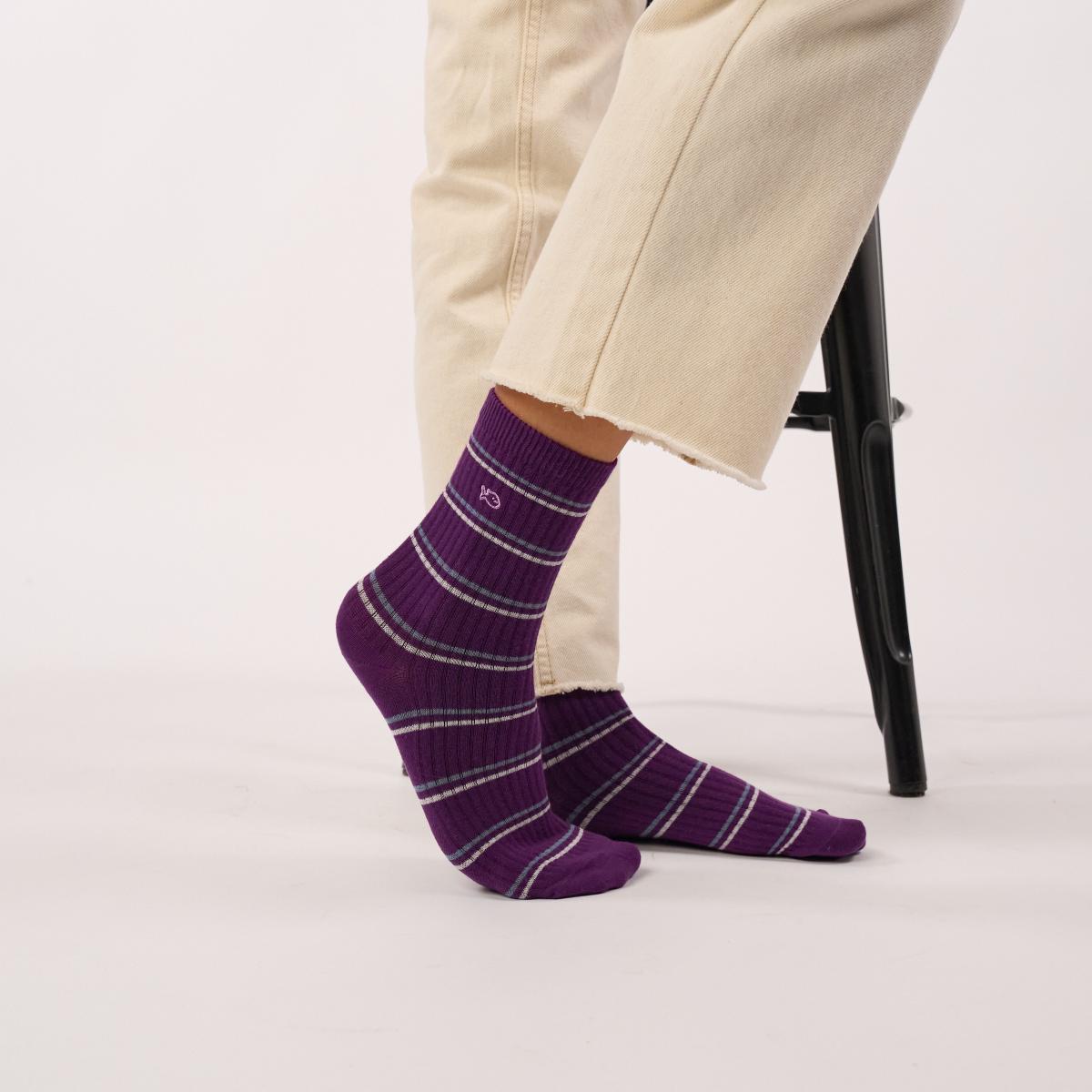 Chaussettes rayées en coton peigné - Violet