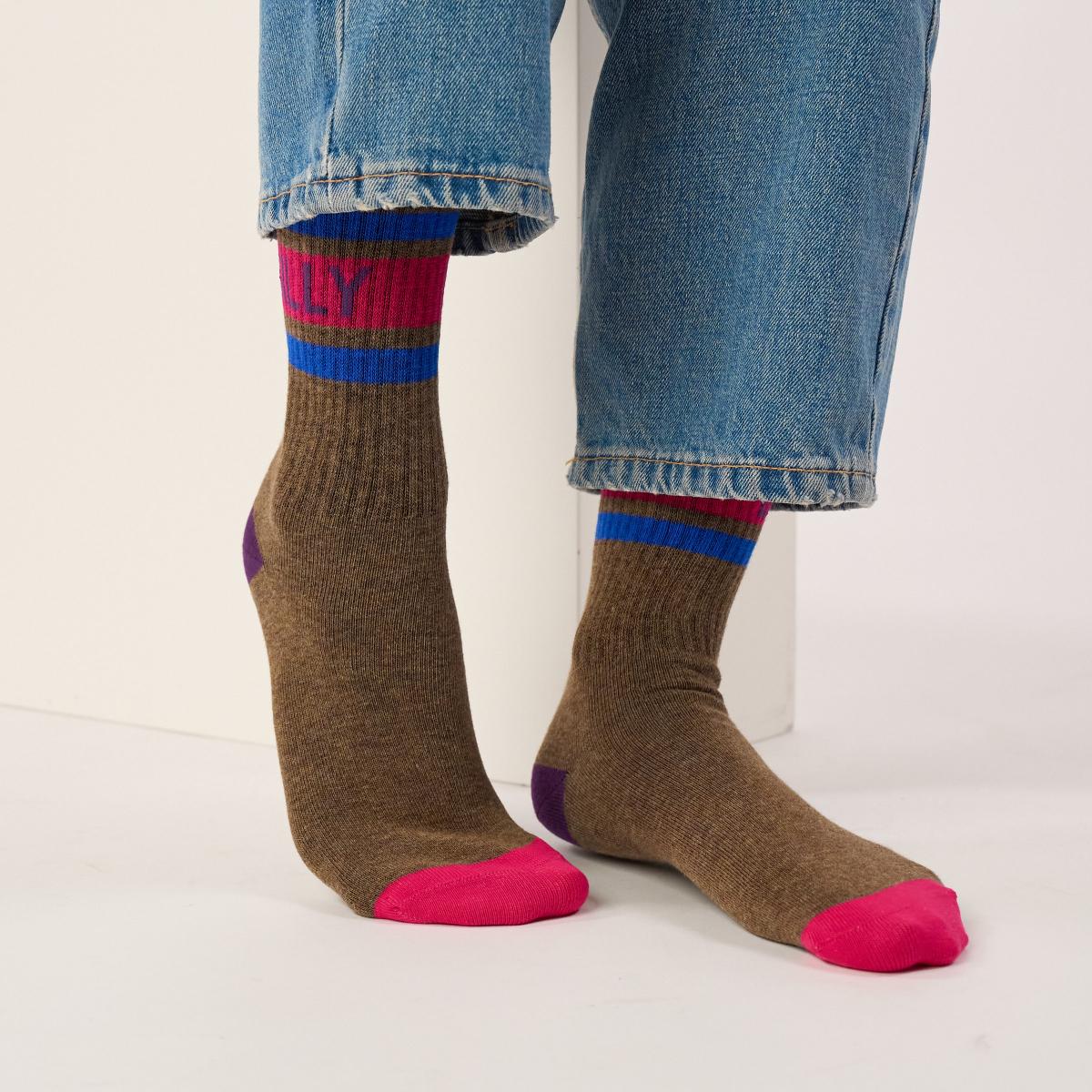 Chaussettes rétro en coton Tennis - Marron et rose