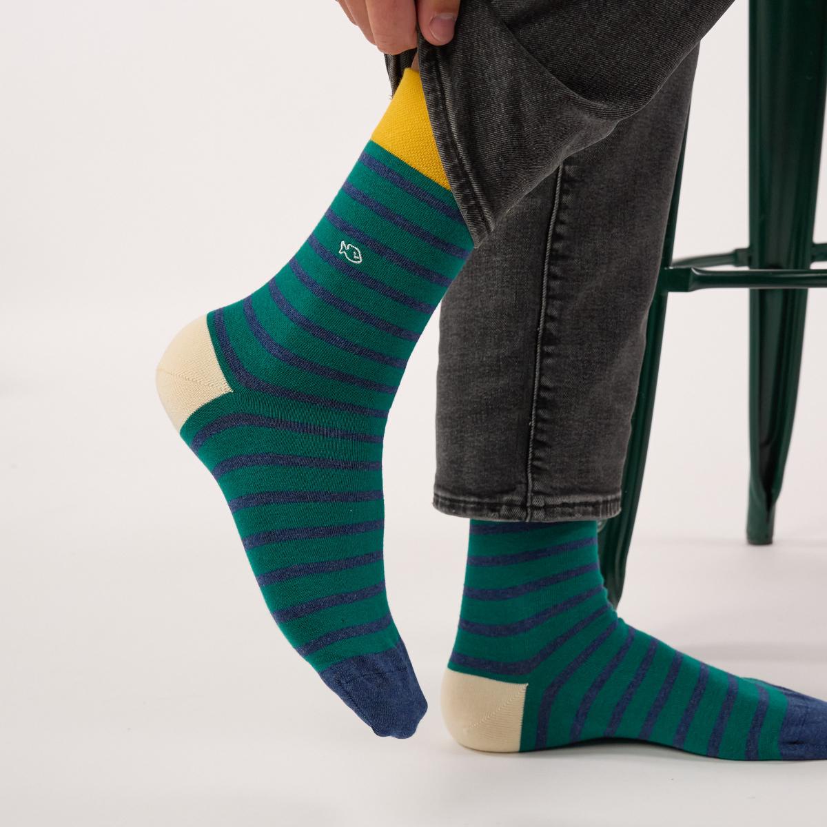 Chaussettes rayées en coton peigné - Vert et bleu