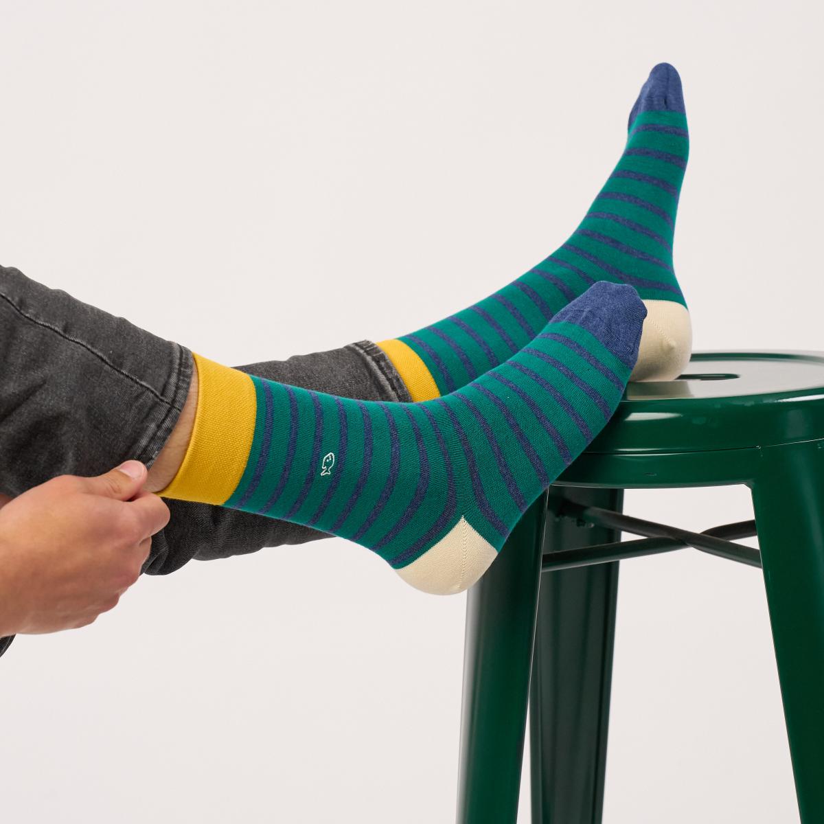 Chaussettes rayées en coton peigné - Vert et bleu