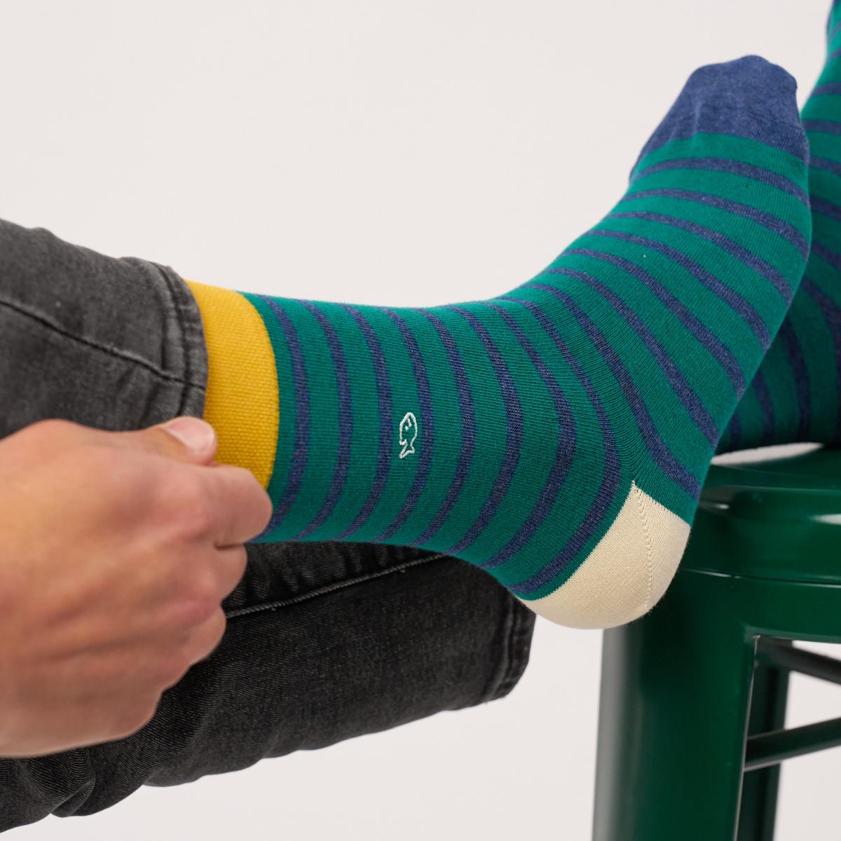 Chaussettes rayées en coton peigné - Vert et bleu