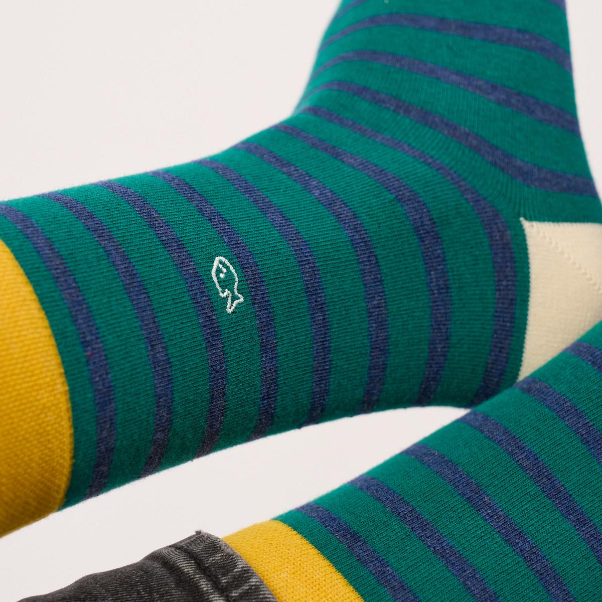 Chaussettes rayées en coton peigné - Vert et bleu