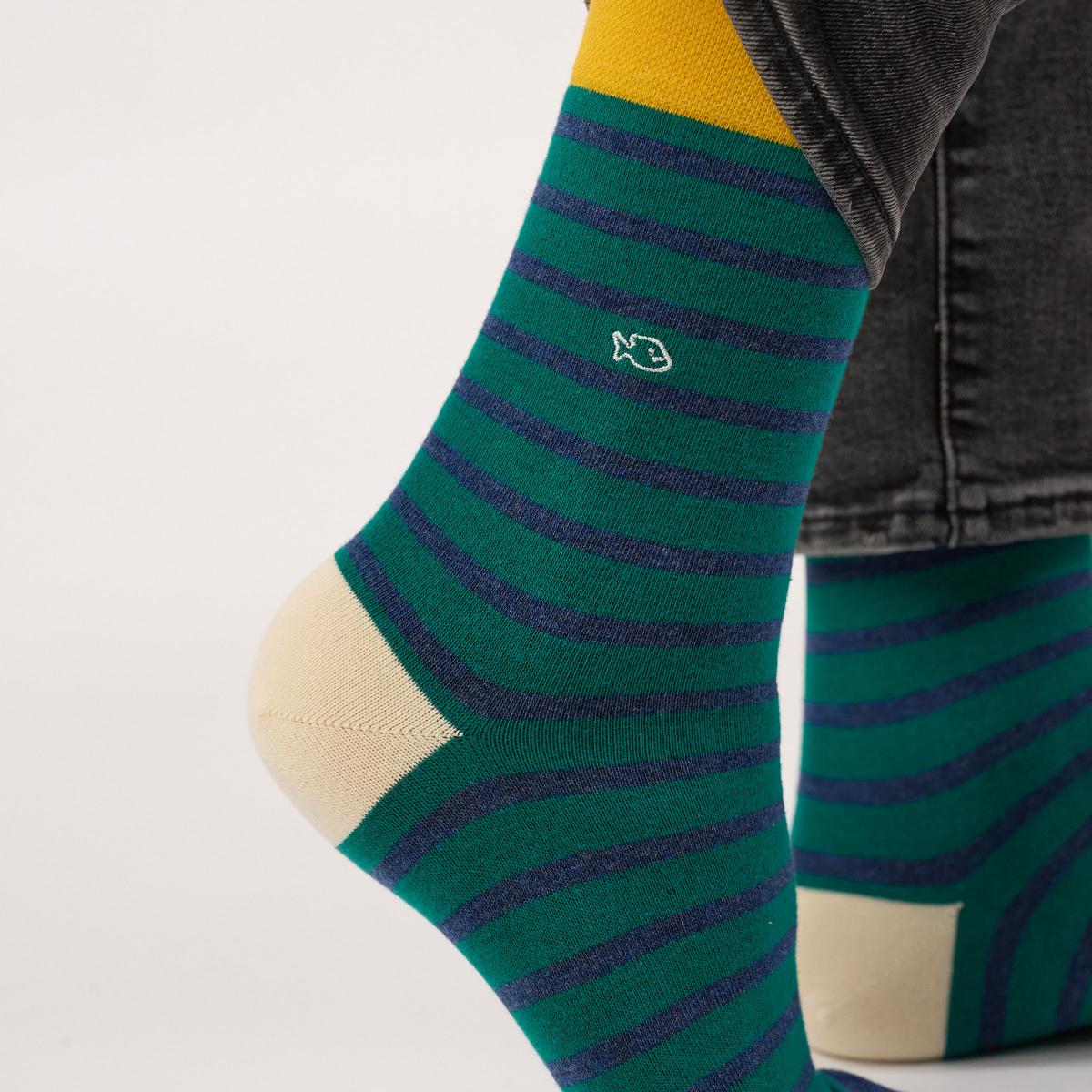 Chaussettes rayées en coton peigné - Vert et bleu