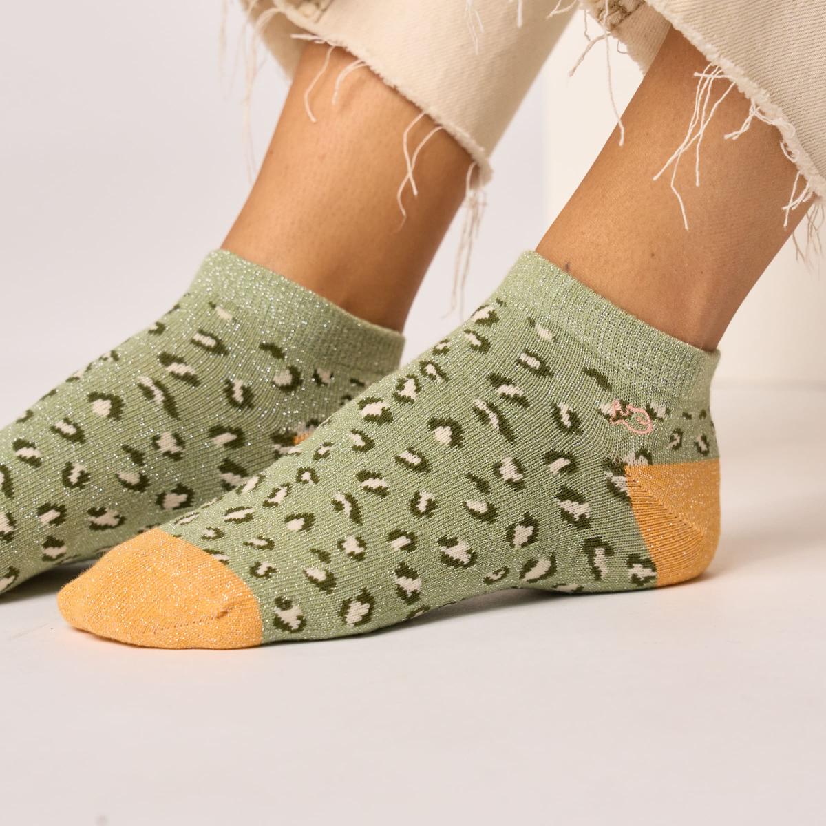 Socquettes animaux en coton peigné - Léopard, vert clair et orange