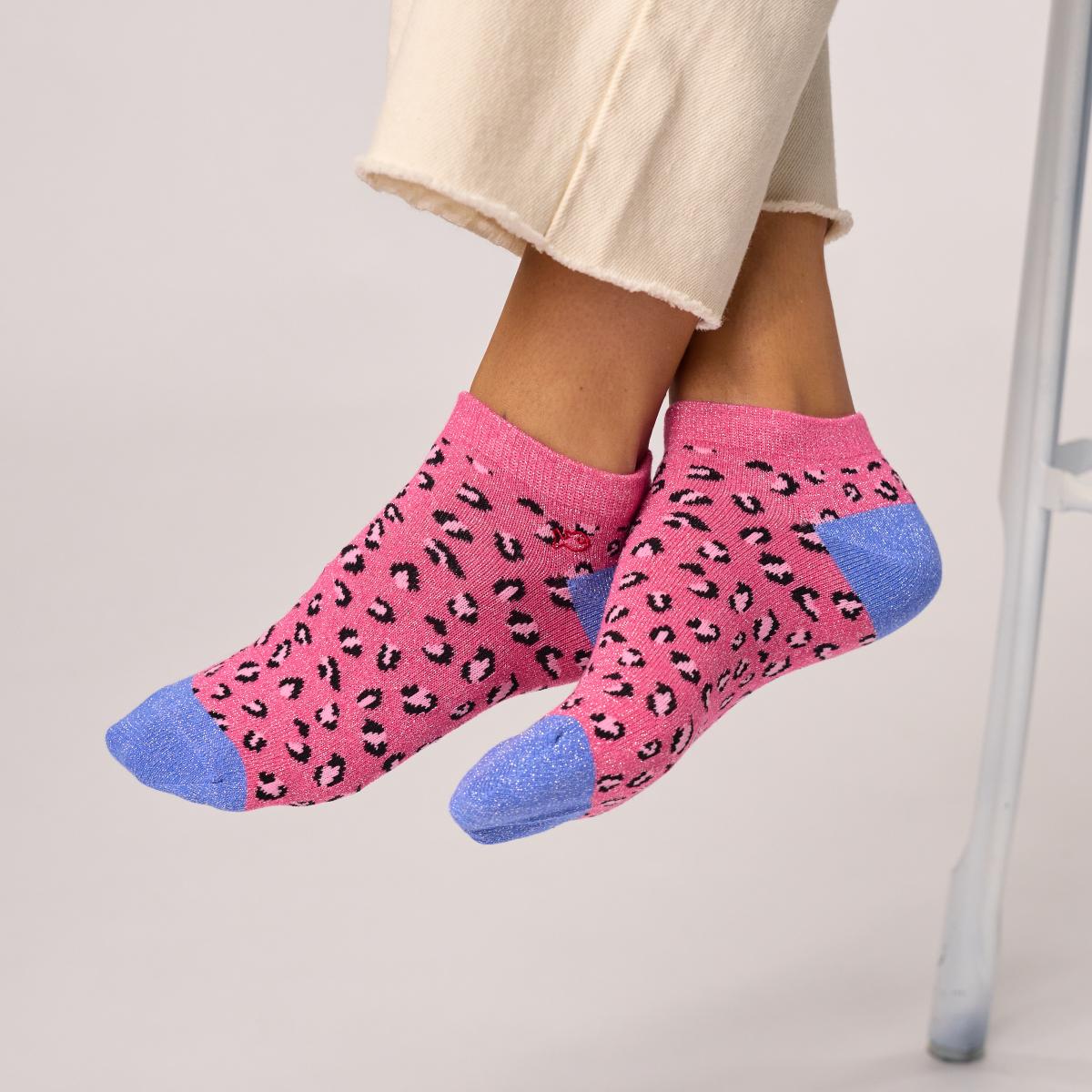 Socquettes animaux en coton peigné - Léopard, rose er bleu