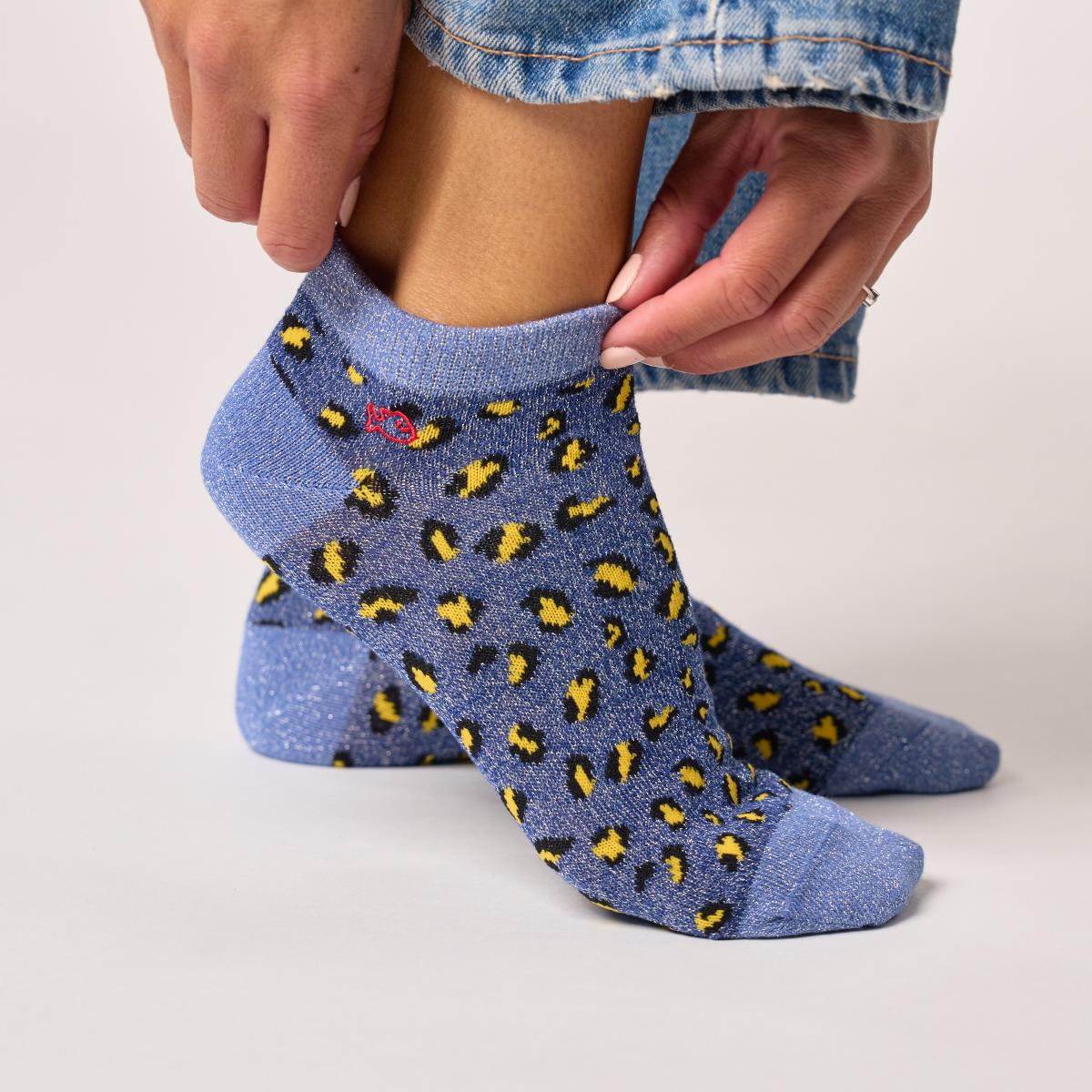 Socquettes animaux en coton peigné - Léopard, marine et jaune - Bleu