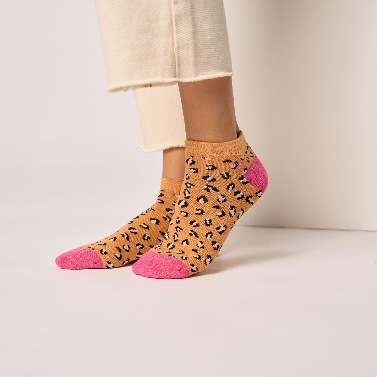 Socquettes animaux en coton peigné - Léopard, orange et rose