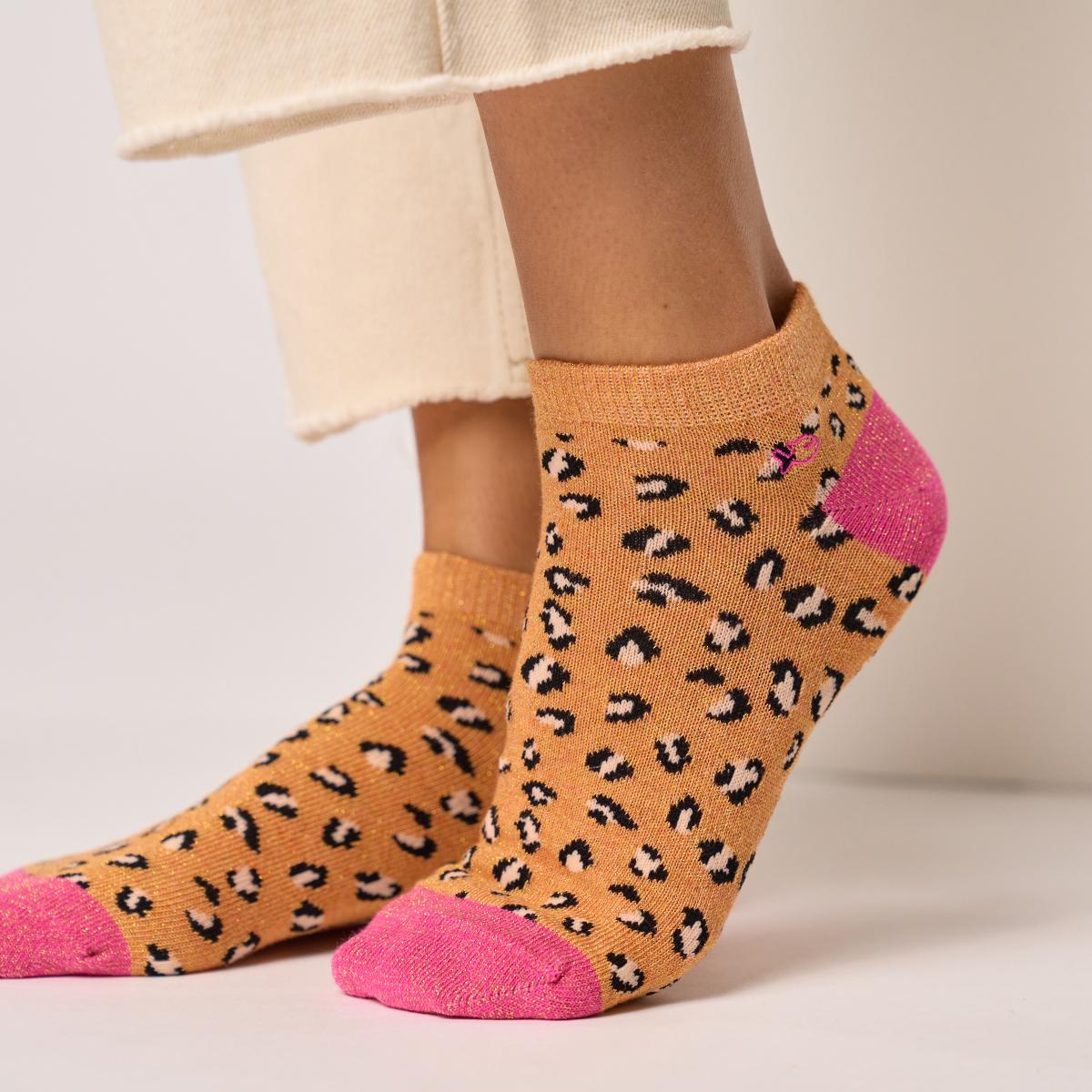 Socquettes animaux en coton peigné - Léopard, orange et rose