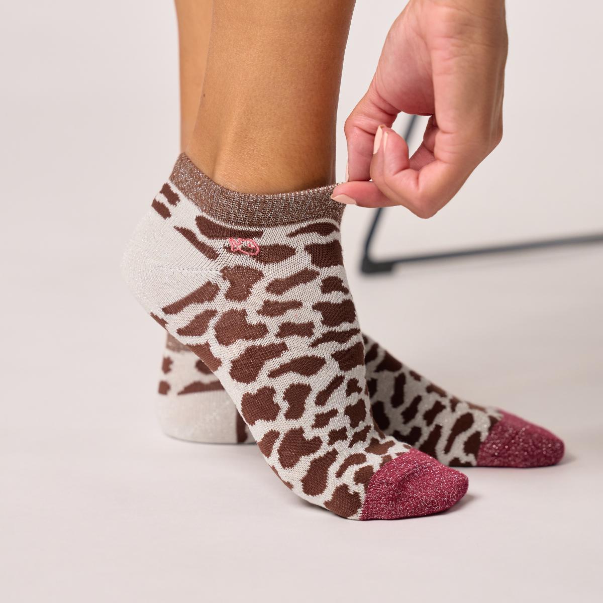 Socquettes animaux en coton peigné - Vache, marron et beige