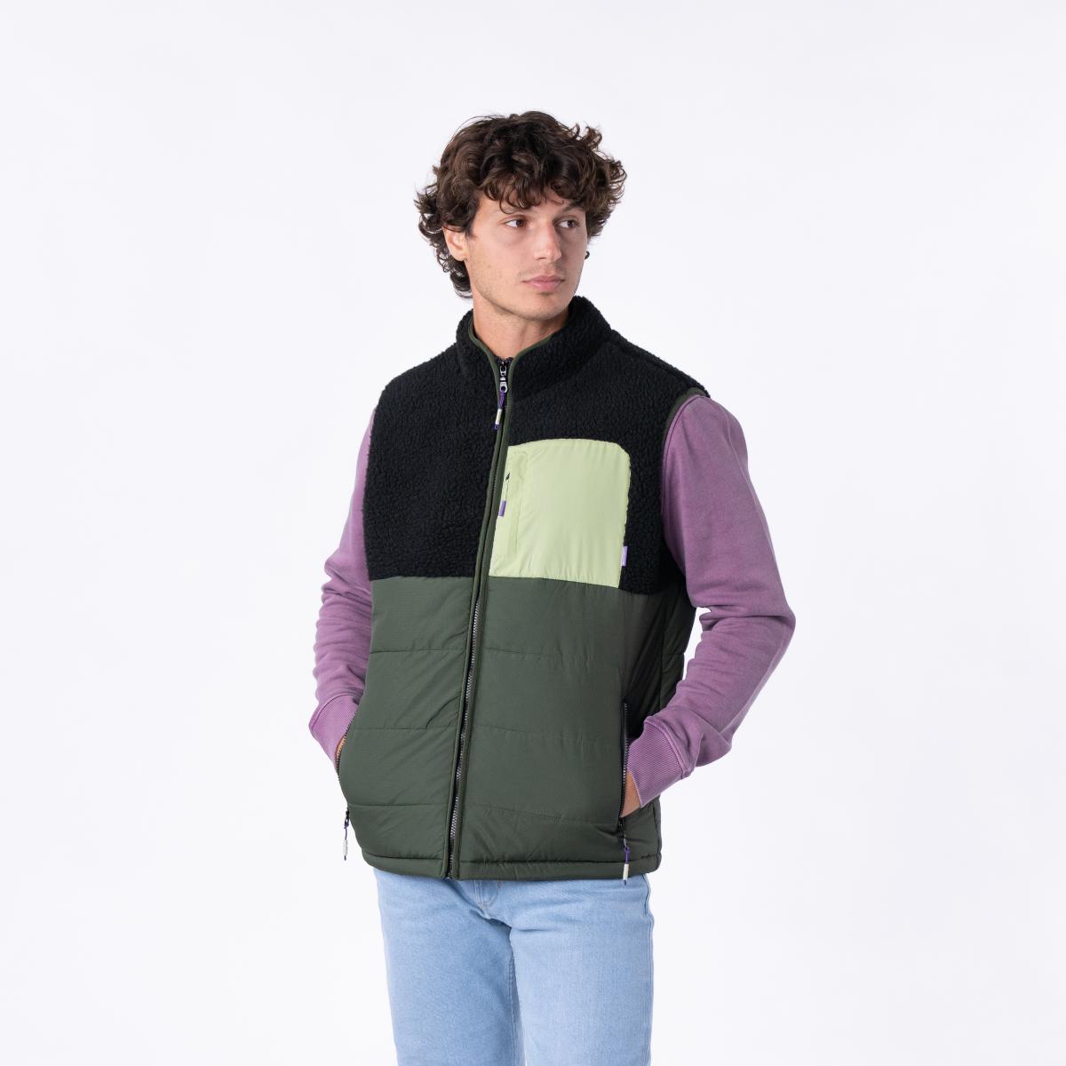 Veste bi-matières sans manches - Noir et vert