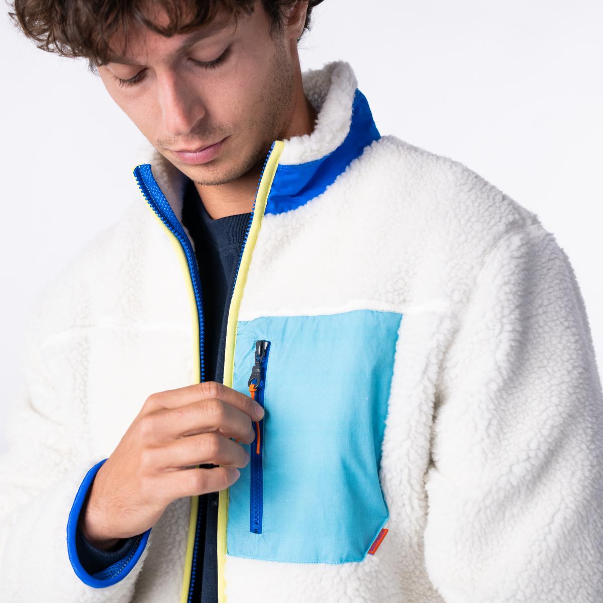 Veste en sherpa unisexe zippée manches longues - Ivoire et bleu - Beige