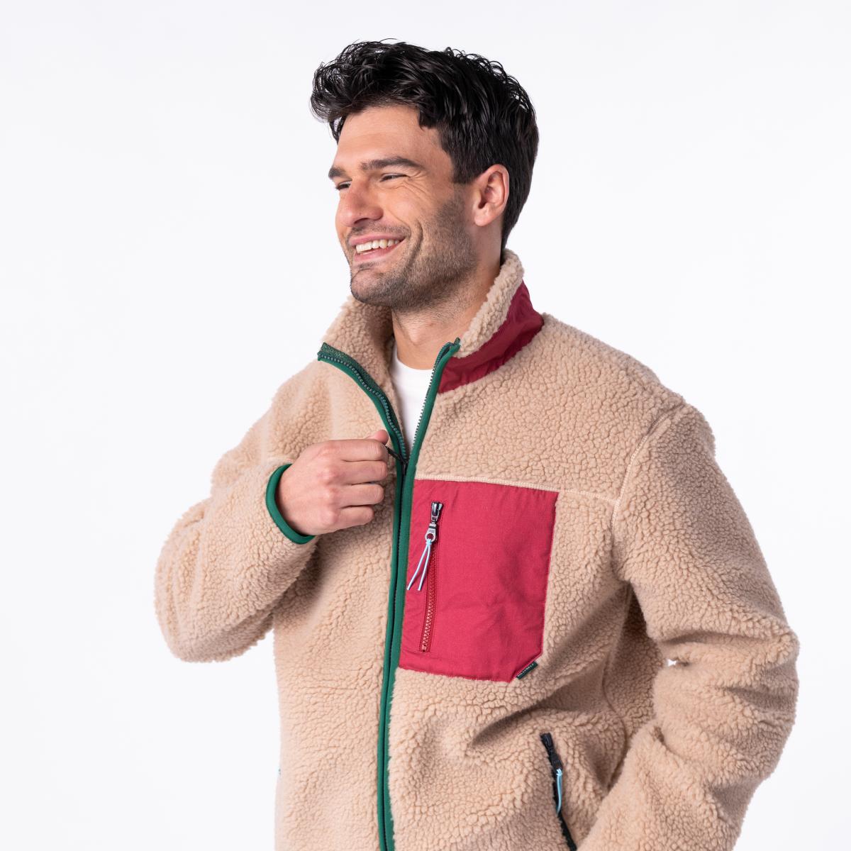 Veste en sherpa unisexe zippée manches longues - Naturel et bordeaux - Marron