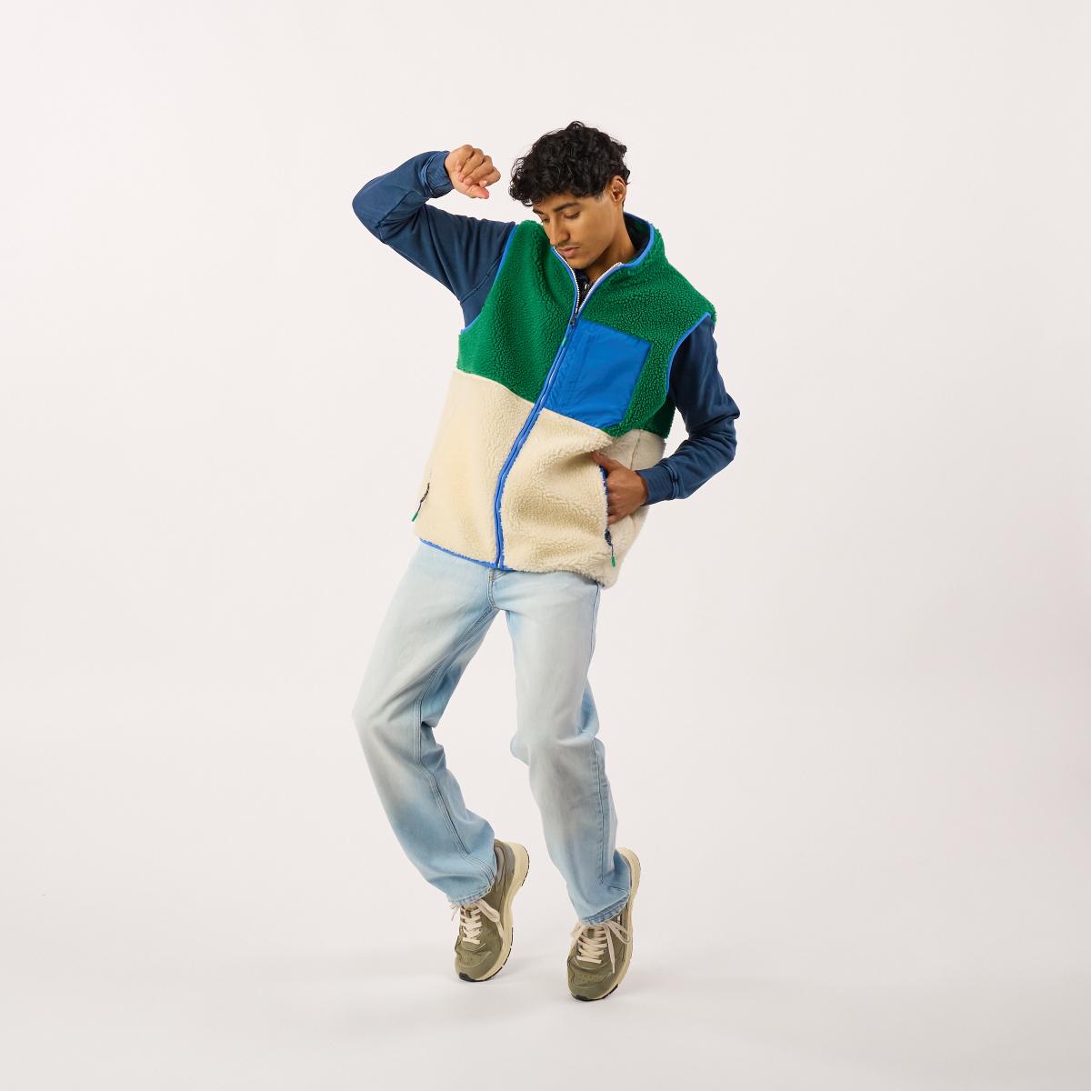 Veste en sherpa unisexe zippée sans manches - Ivoire et vert - Beige