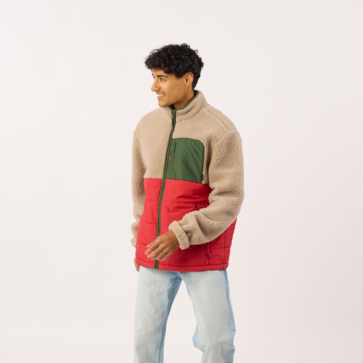 Veste bi-matières manches longues - Naturel et rouge - Marron
