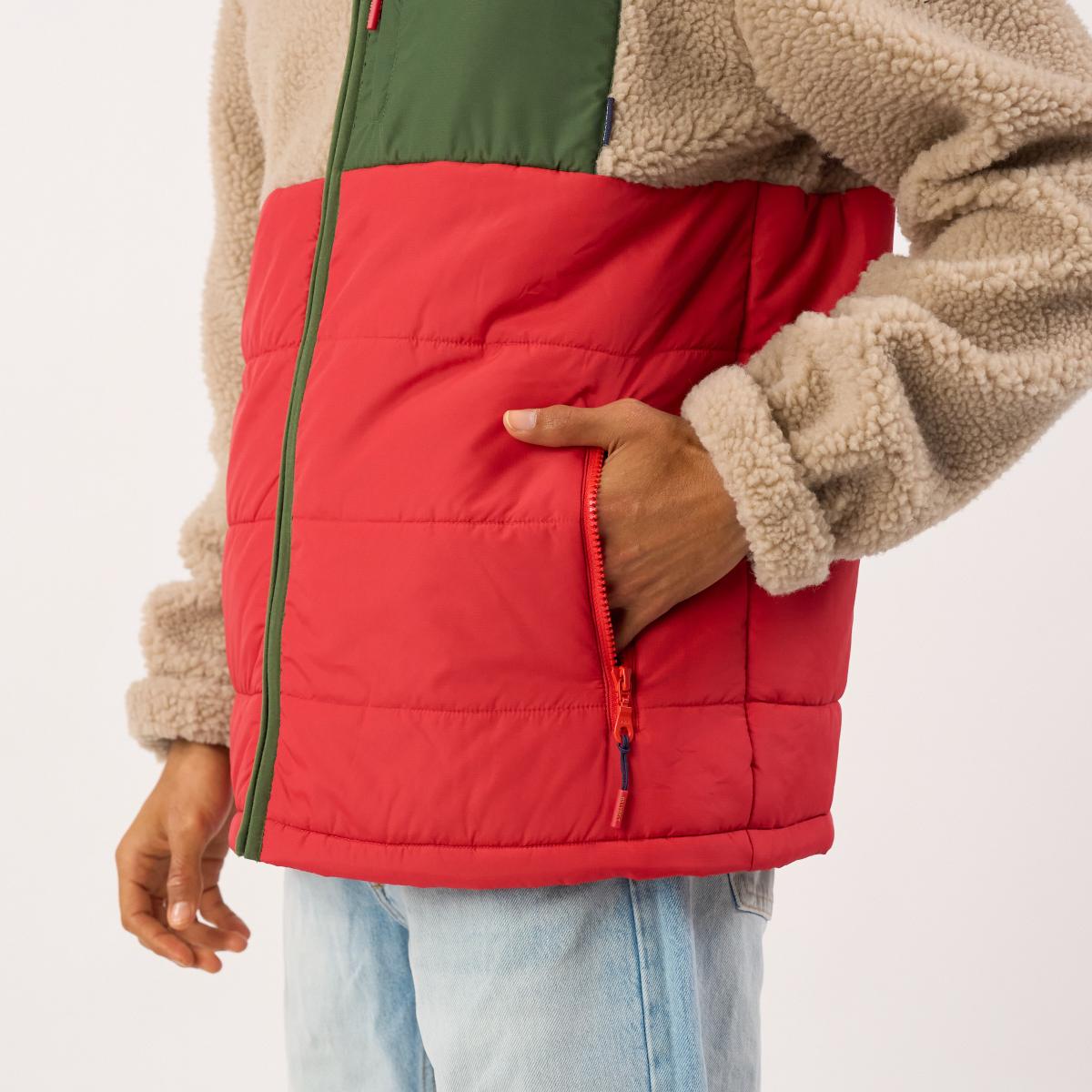 Veste bi-matières manches longues - Naturel et rouge - Marron
