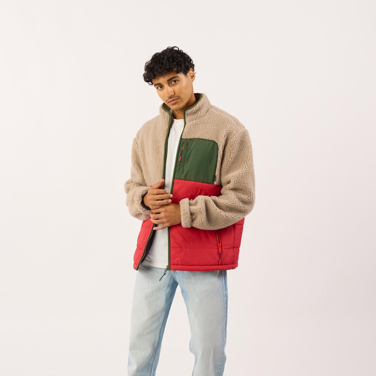 Veste bi-matières manches longues - Naturel et rouge - Marron