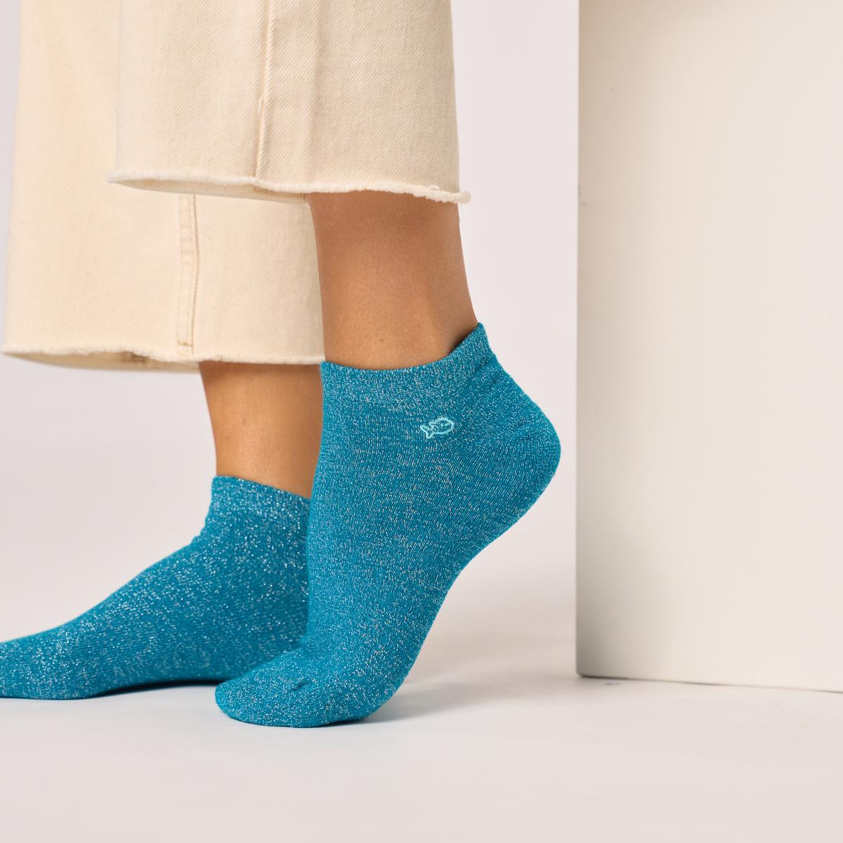 Socquettes unies en coton peigné - Pailletées, bleu canard