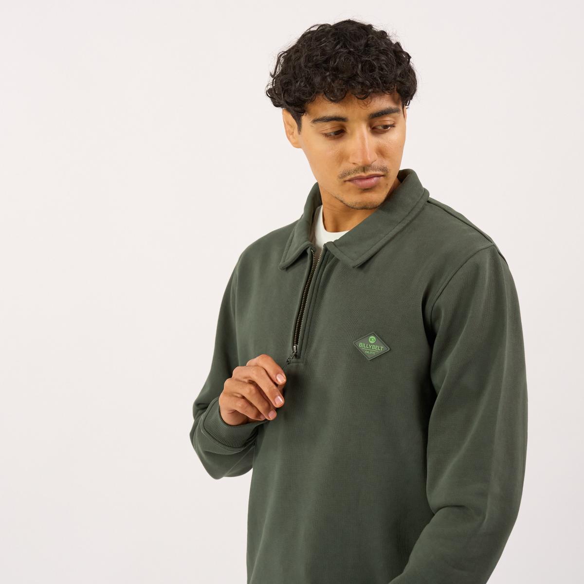 Sweat en coton bio en col zippé - Kaki - Vert