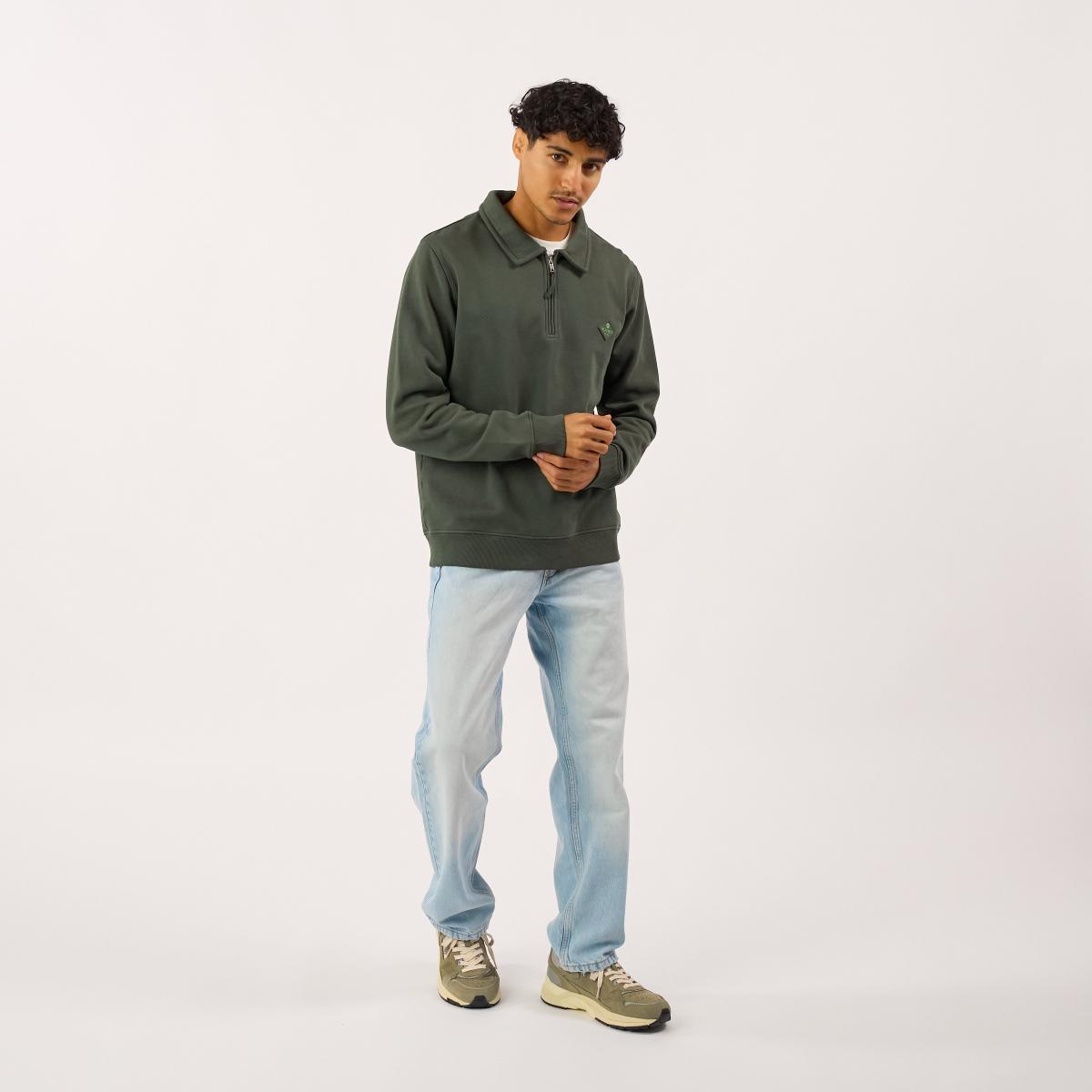 Sweat en coton bio en col zippé - Kaki - Vert