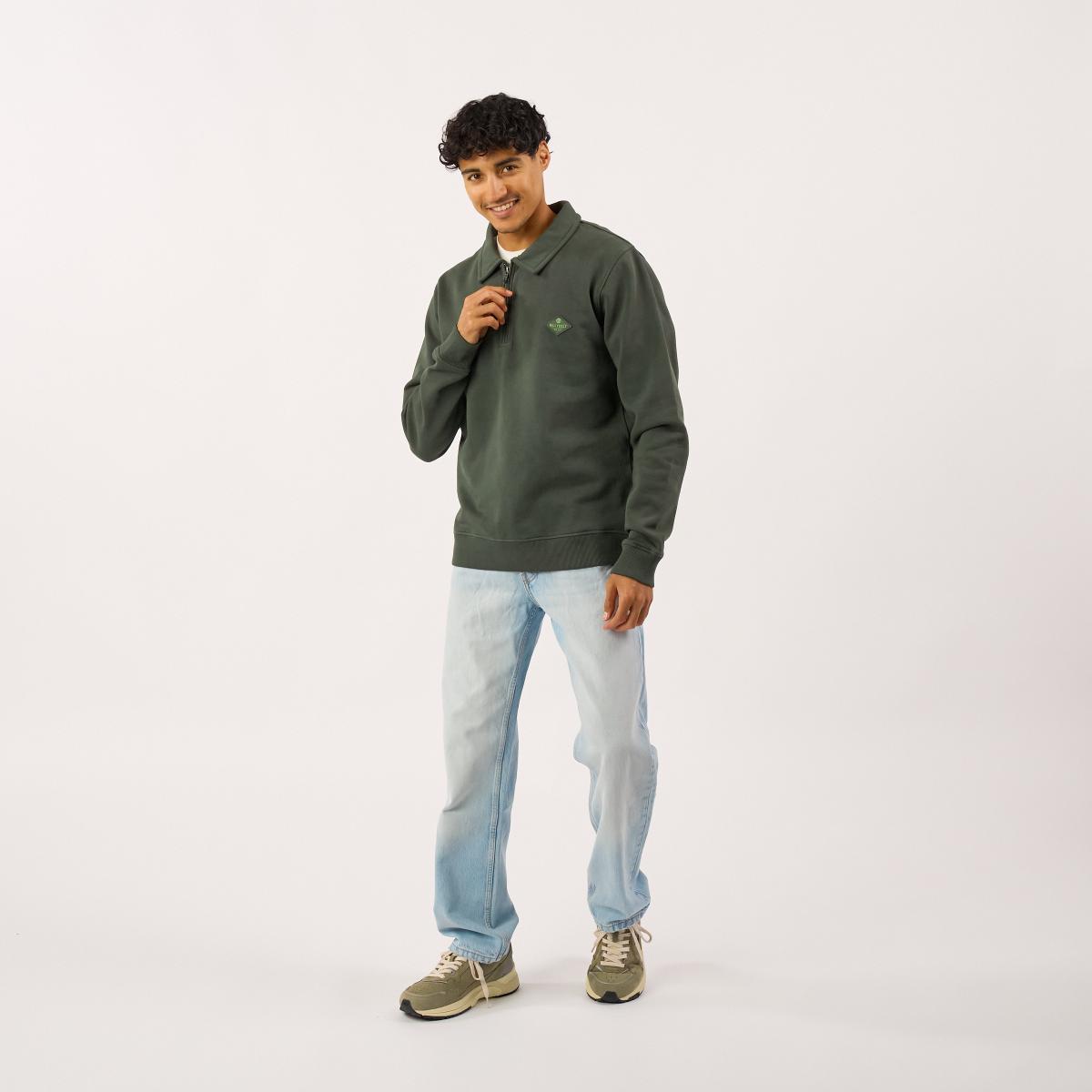 Sweat en coton bio en col zippé - Kaki - Vert