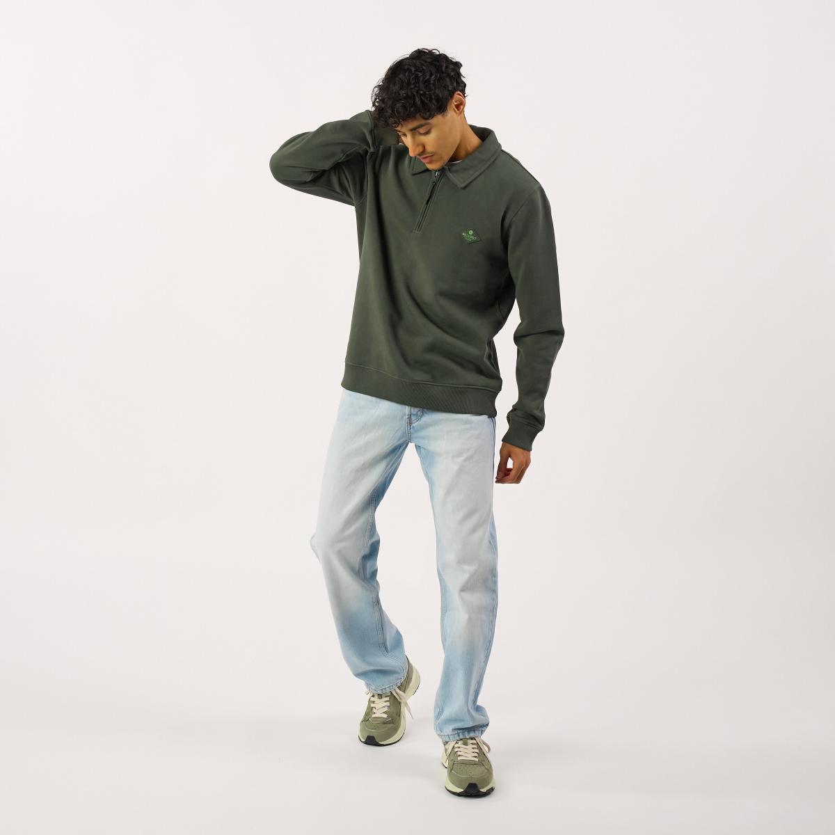 Sweat en coton bio en col zippé - Kaki - Vert