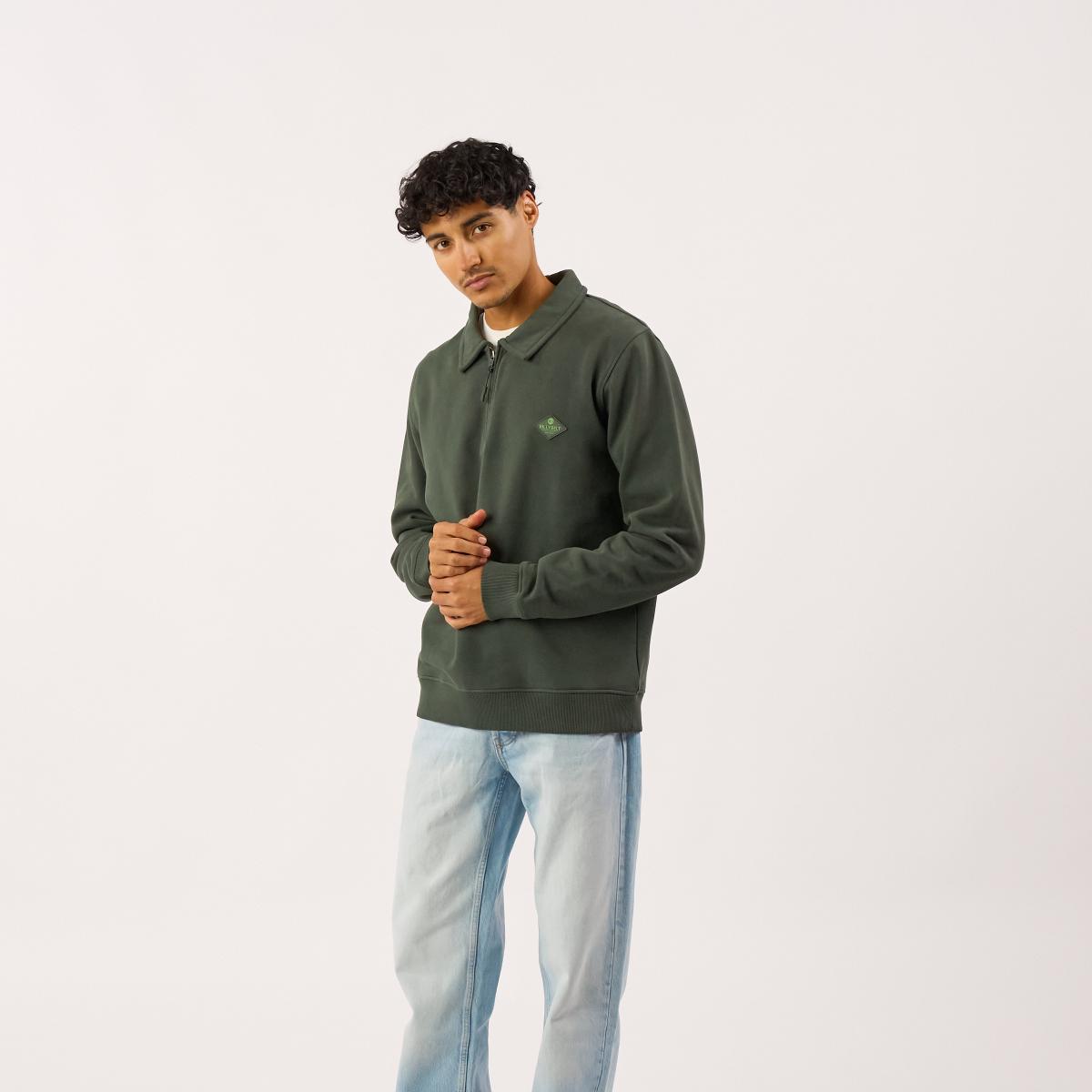 Sweat en coton bio en col zippé - Kaki - Vert