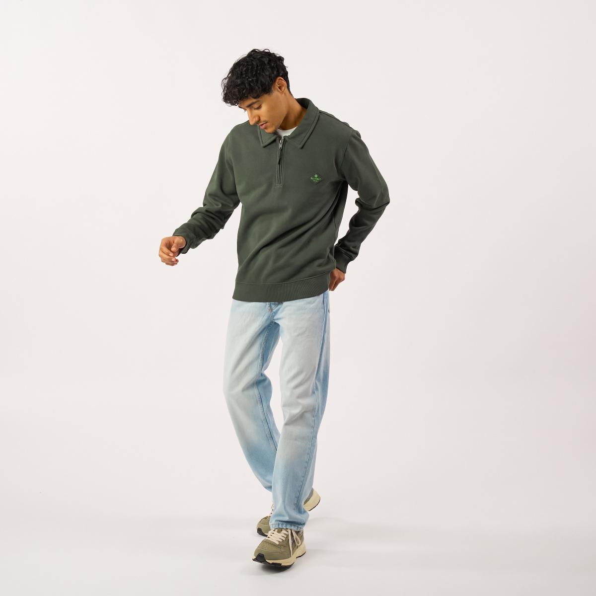 Sweat en coton bio en col zippé - Kaki - Vert