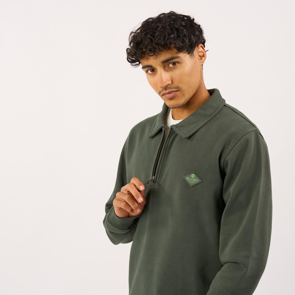 Sweat en coton bio en col zippé - Kaki - Vert