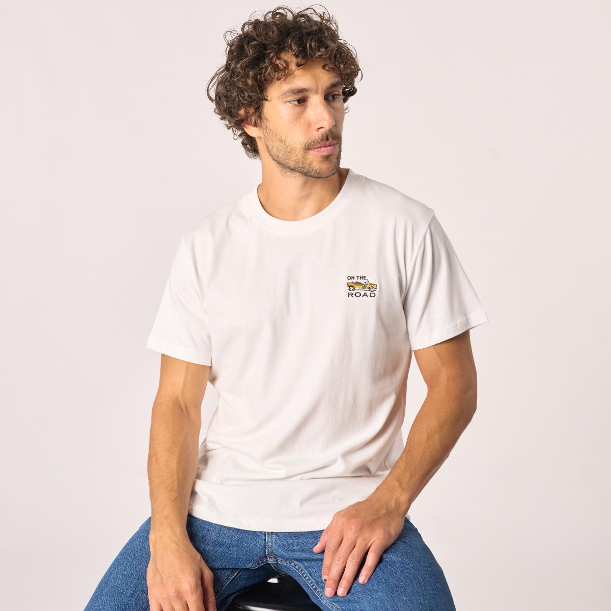 T-shirt en 100% coton bio Roadtrip - Blanc, broderie Mehari
