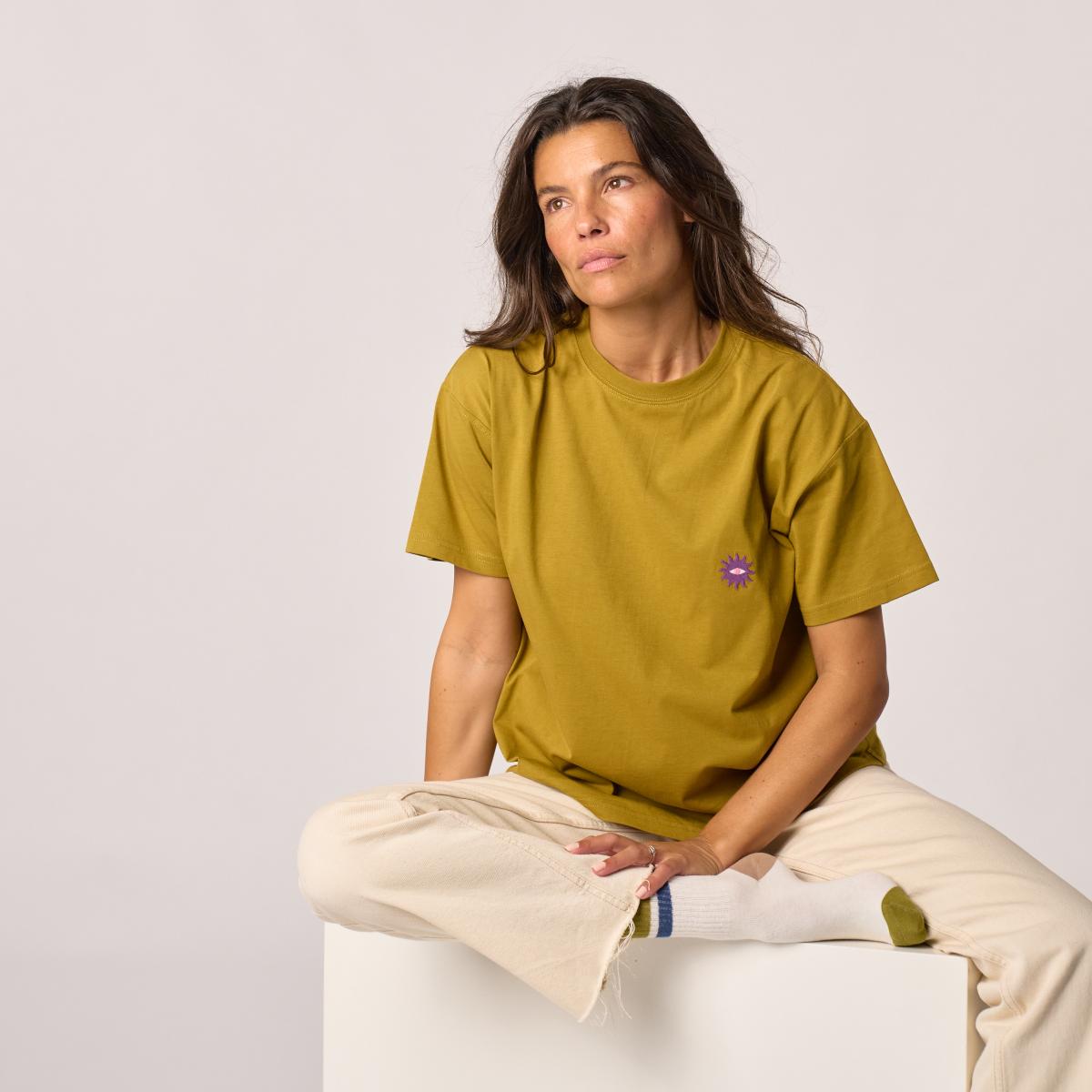 T-shirt femme en 100% coton bio - Vert olive, broderie soleil