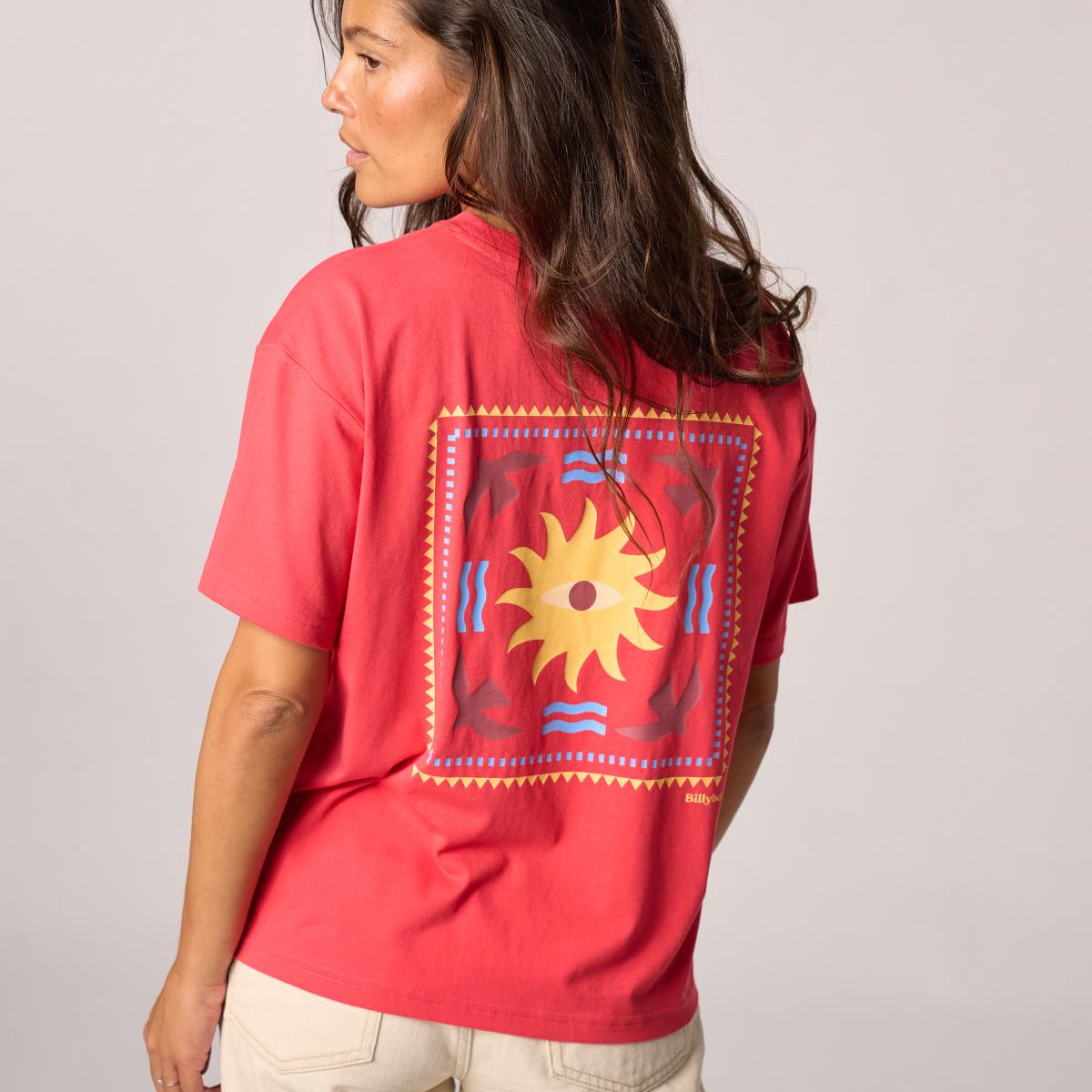 T-shirt femme en 100% coton bio - Rouge, imprimé soleil