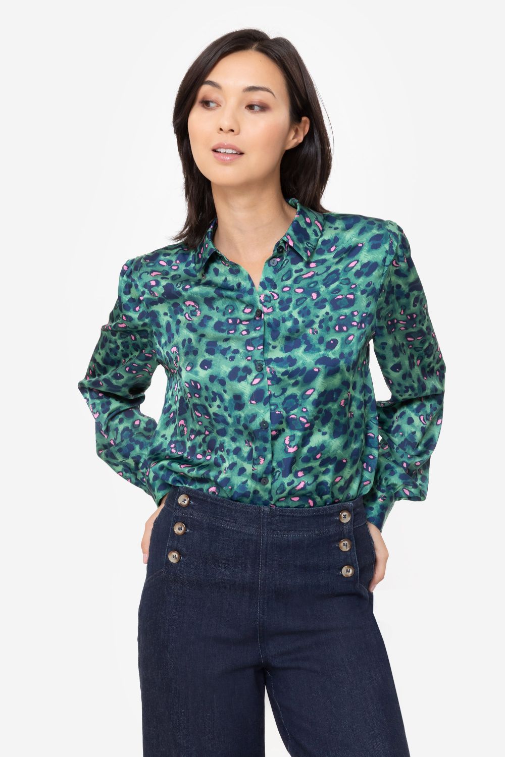 Blouse vert foncé à l&#39;aspect satiné et imprimé