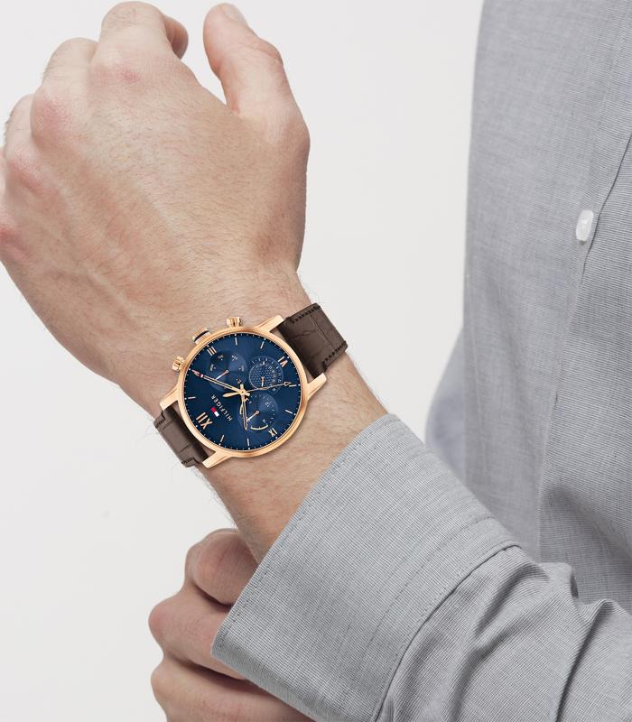 Tommy Hilfiger - Dress - Homme -  Bracelet Brun -  Cadran Bleu - Boitier Or Rose