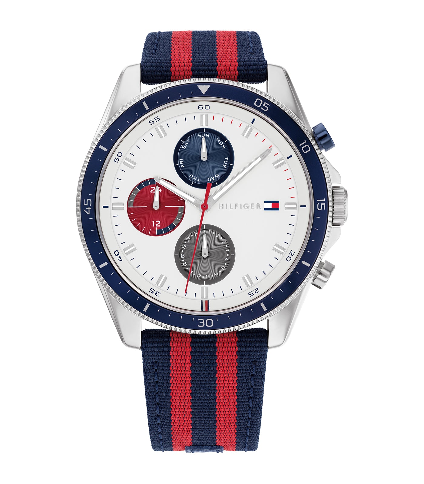 Tommy Hilfiger - Casual - Homme - Bracelet Bleu / Rouge- Cadran Blanc-Boitier Argenté