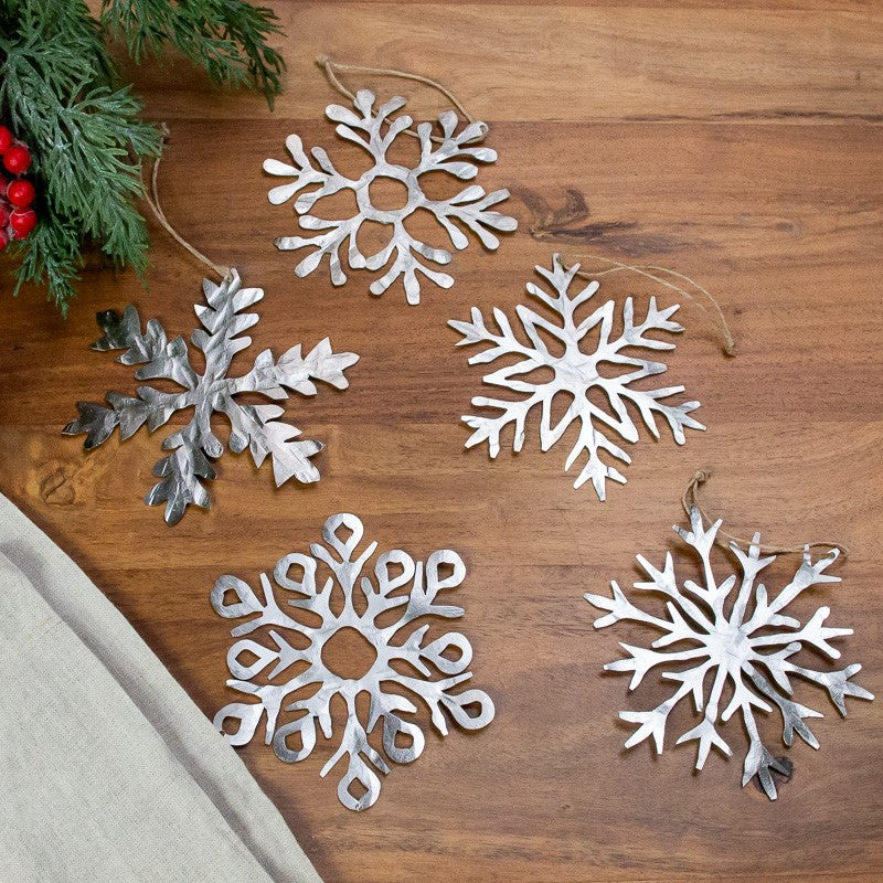 Ornement flocon de neige argent métallisé, grand, lot de 5