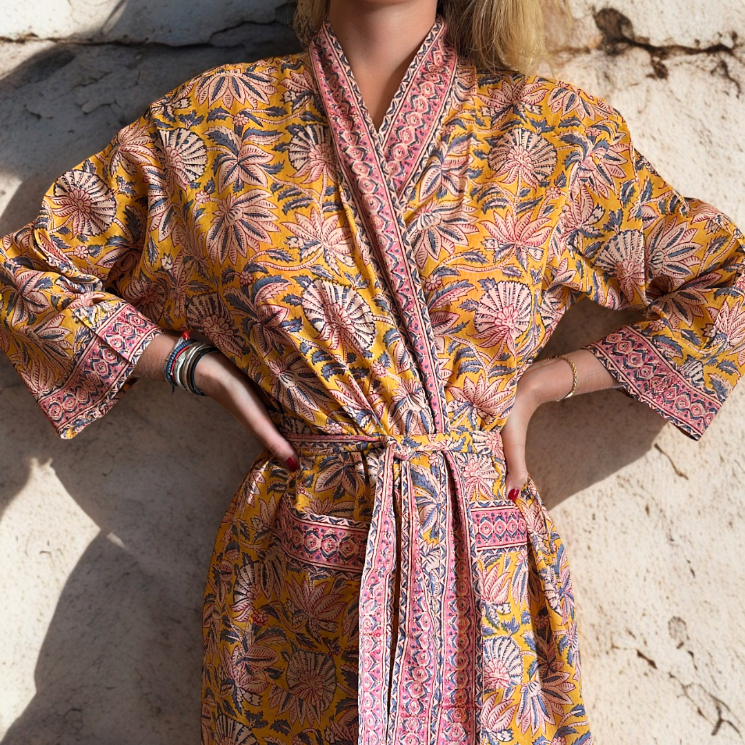 Kimono Madras Jaune en voile de coton