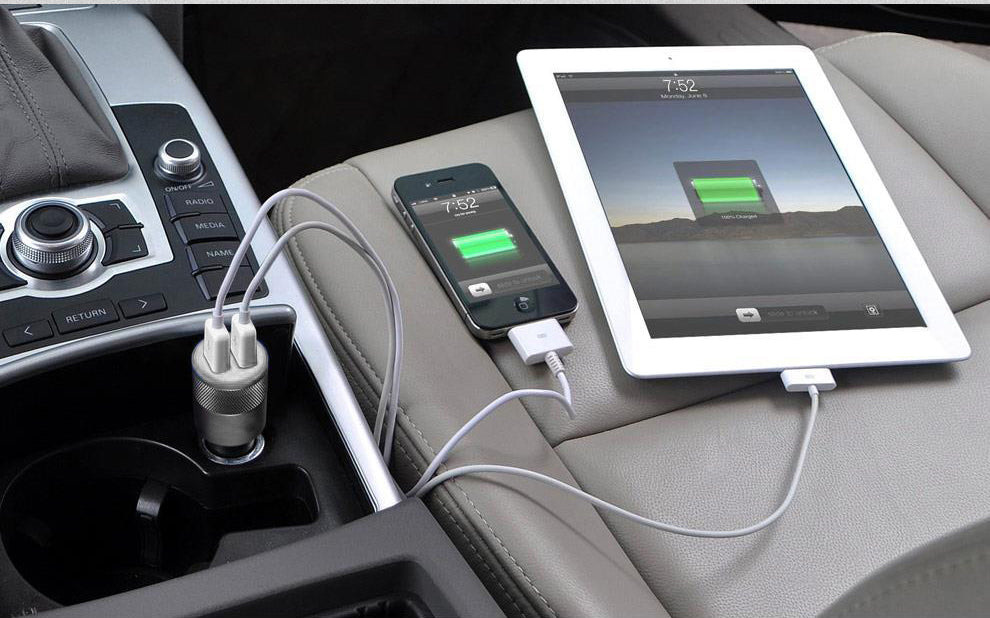 Chargeur Allume Cigare Acier Double Entree Usb  - Argent 