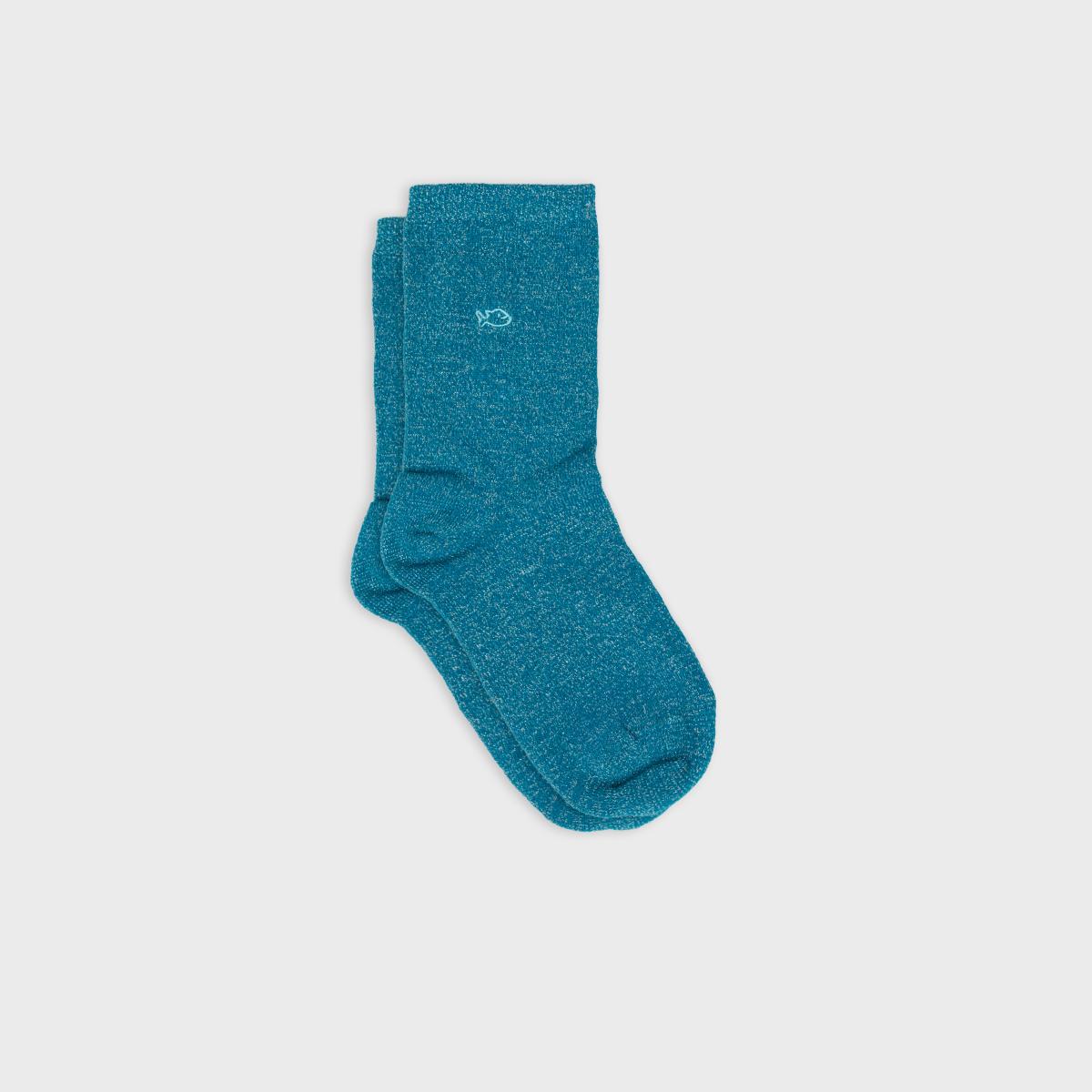Chaussettes unies en coton peigné pailletées - Bleu canard