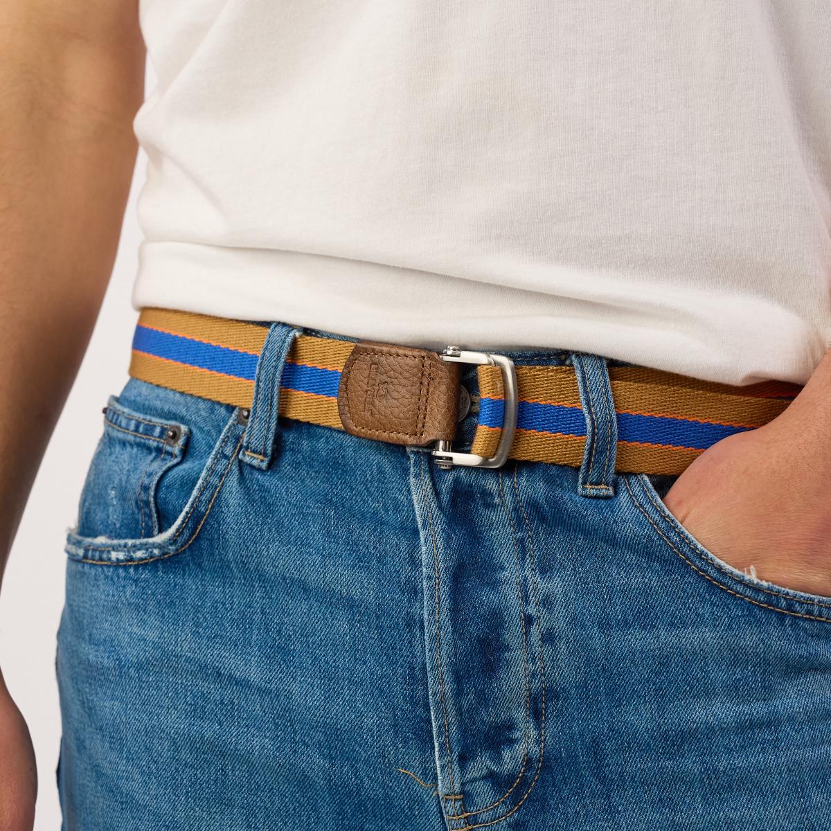Ceinture sangle multicolore - Camel et bleu - Marron
