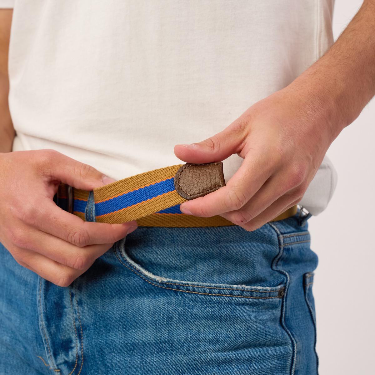 Ceinture sangle multicolore - Camel et bleu - Marron