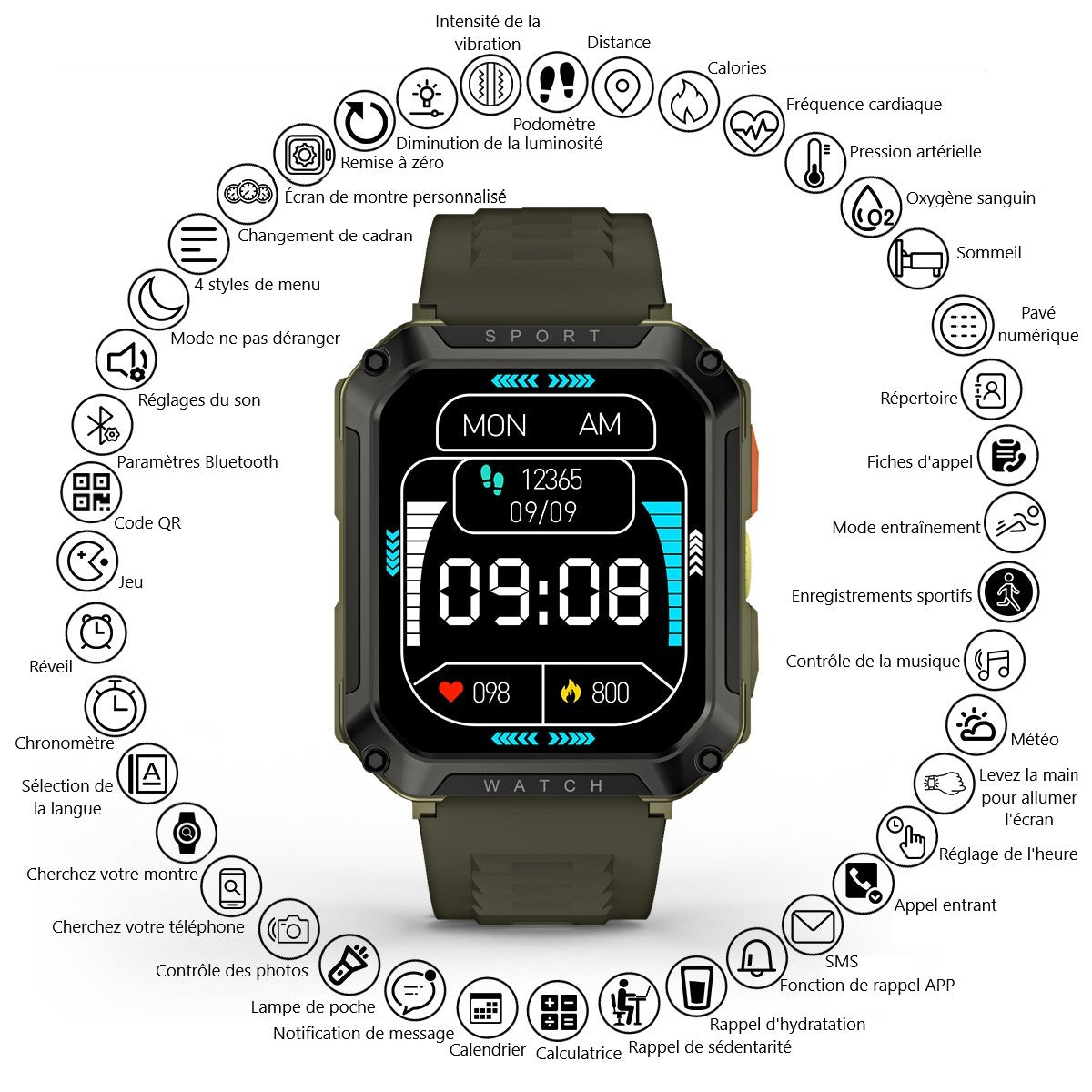 Montre Connectee Multifonctions - Kaki