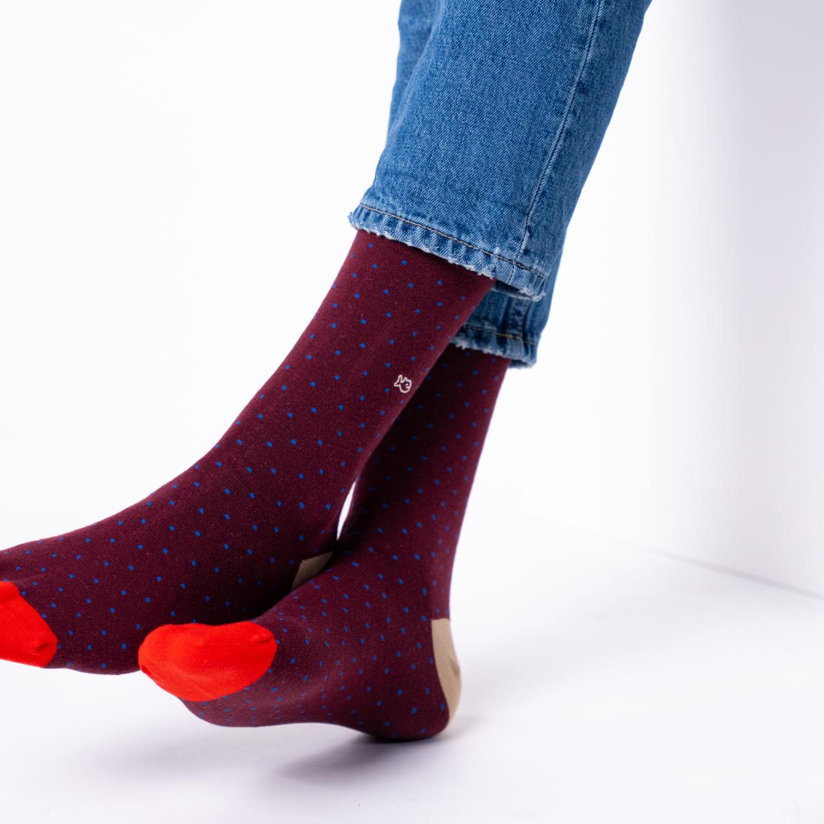 Chaussettes à pois en coton peigné - Lie de vin - Rouge