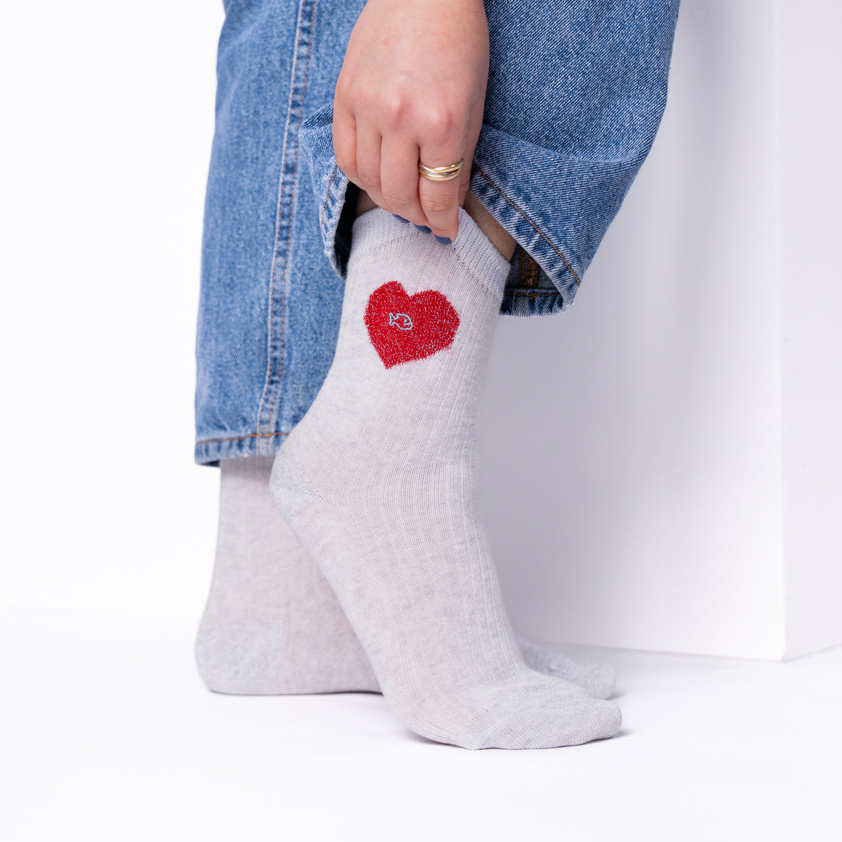 Chaussettes coeur en coton peigné - Blanc chiné